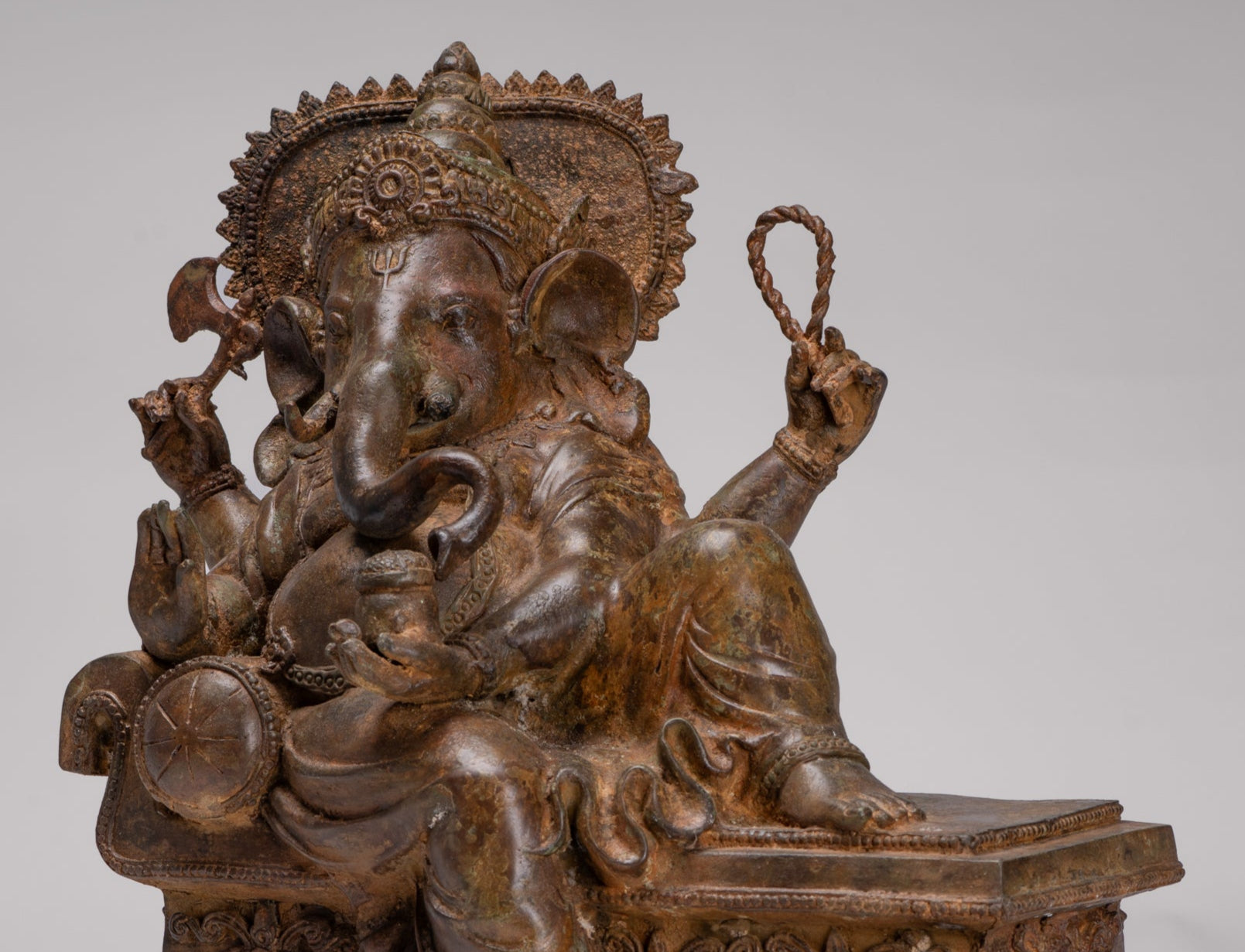 Ganesh - Antique Thai Style Bronze Reclining Ganesha Statue w/Mouse - 41cm/16"