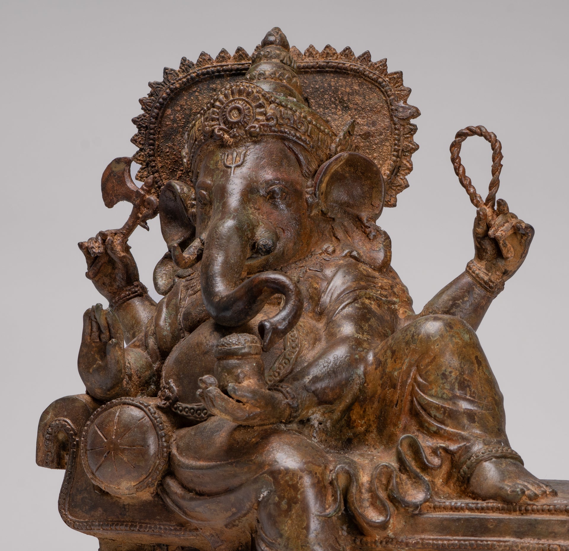 Ganesh - Antique Thai Style Bronze Reclining Ganesha Statue w/Mouse - 41cm/16"
