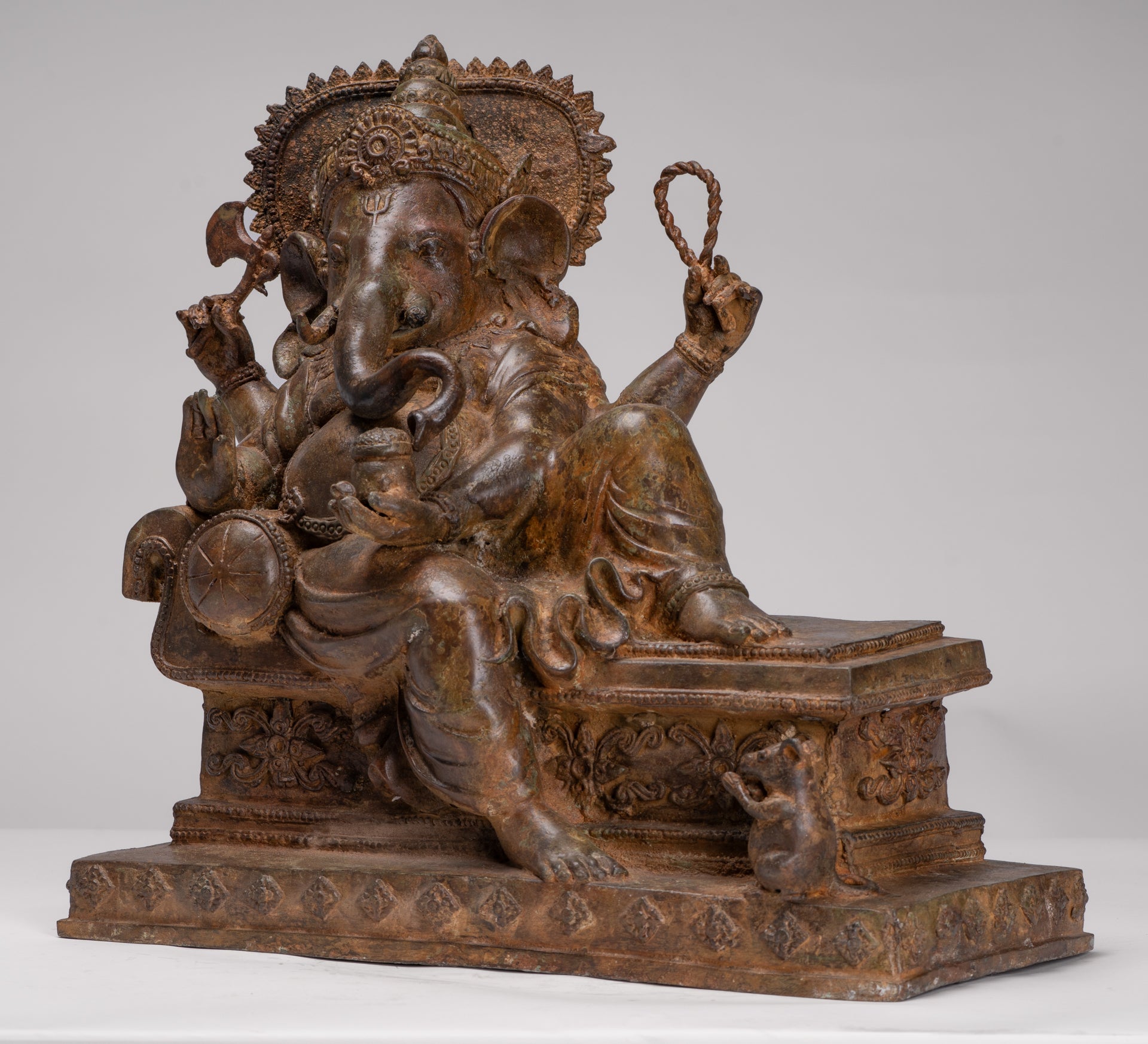 Ganesh - Antique Thai Style Bronze Reclining Ganesha Statue w/Mouse - 41cm/16"
