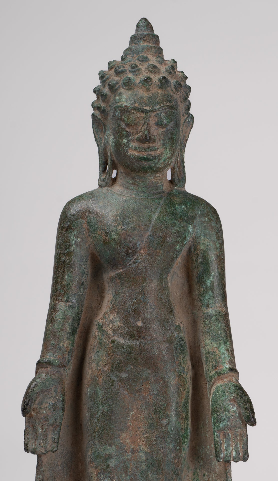 Statue de Bouddha - Antique Khmer Mouled Bronze Phnom Da Standard Bouddha Statue - 31cm / 12 "