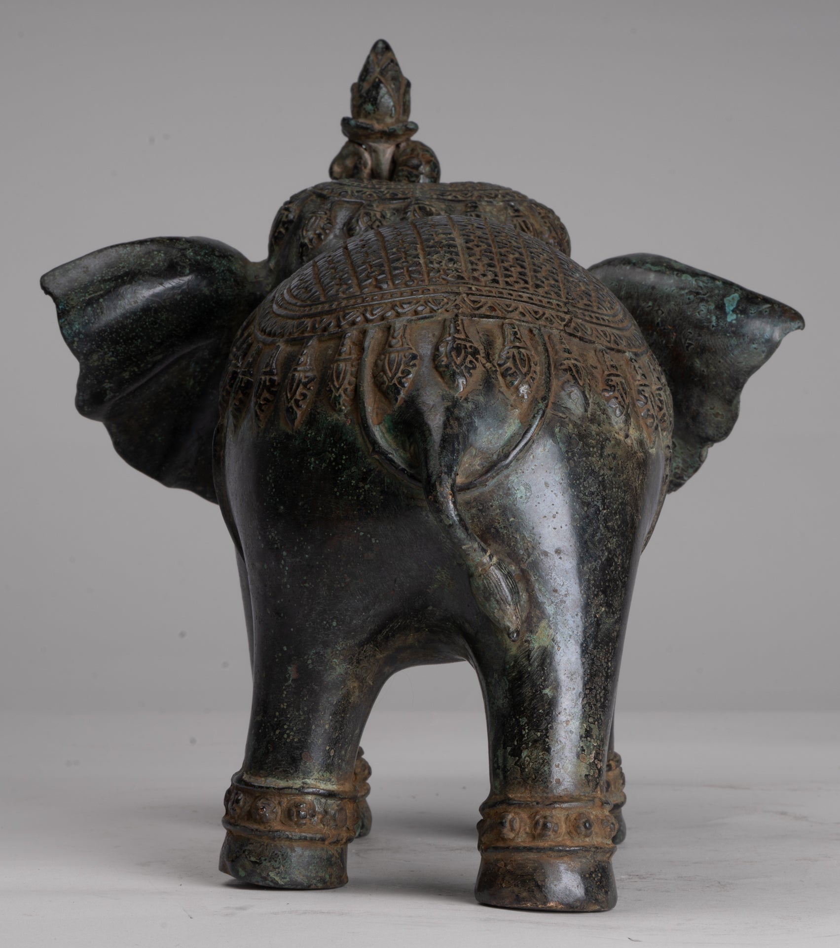 Antique Khmer Style Bronze Trumpeting Elephant Statue - 25cm/10" Tall