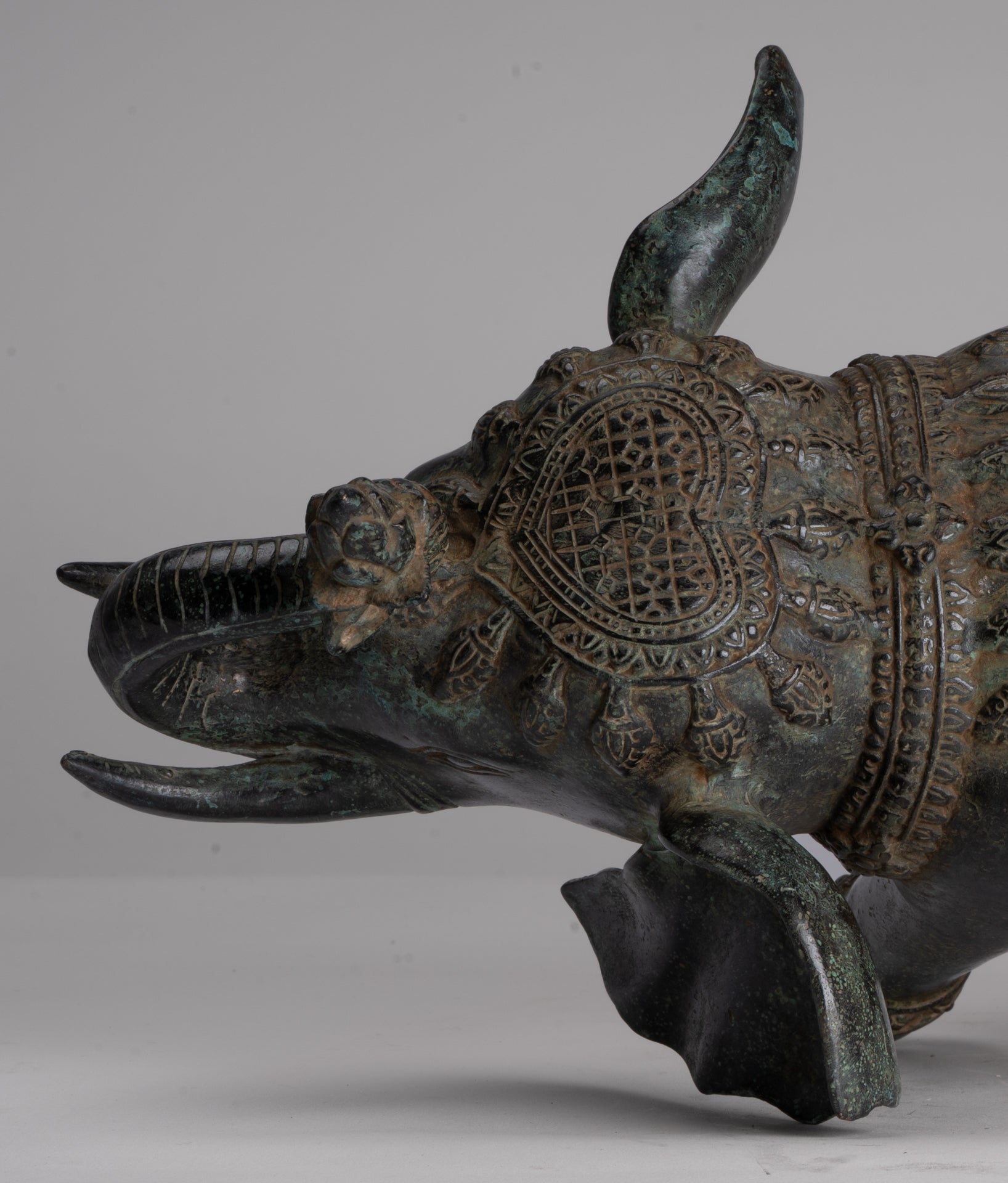 Antique Khmer Style Bronze Trumpeting Elephant Statue - 25cm/10" Tall