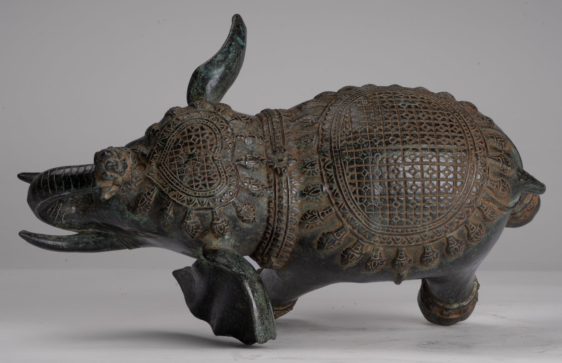 Antique Khmer Style Bronze Trumpeting Elephant Statue - 25cm/10" Tall