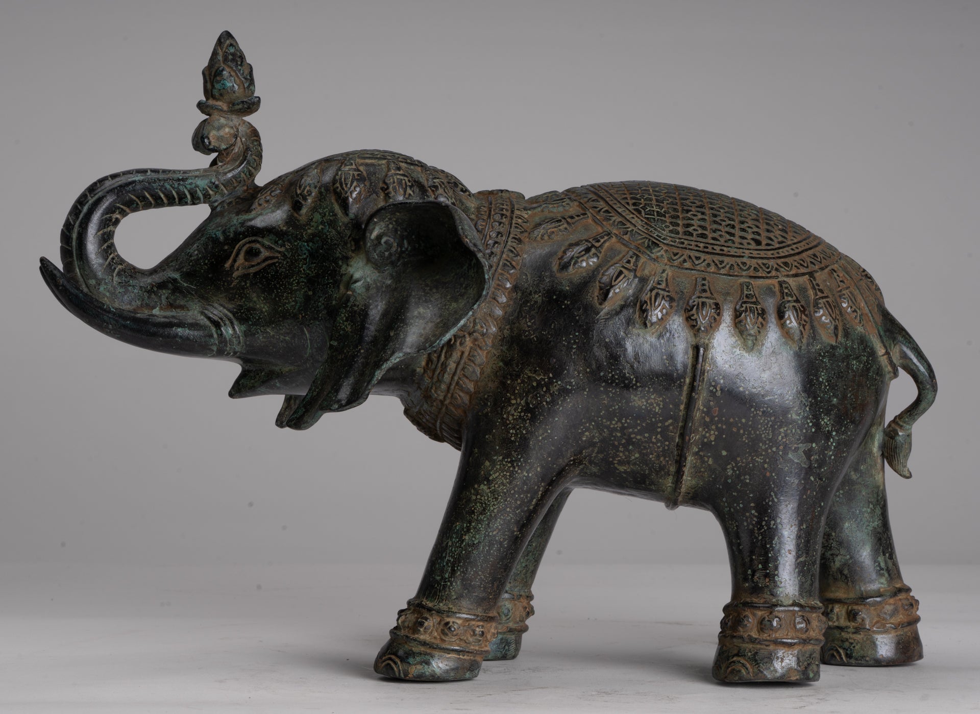 Antique Khmer Style Bronze Trumpeting Elephant Statue - 25cm/10" Tall