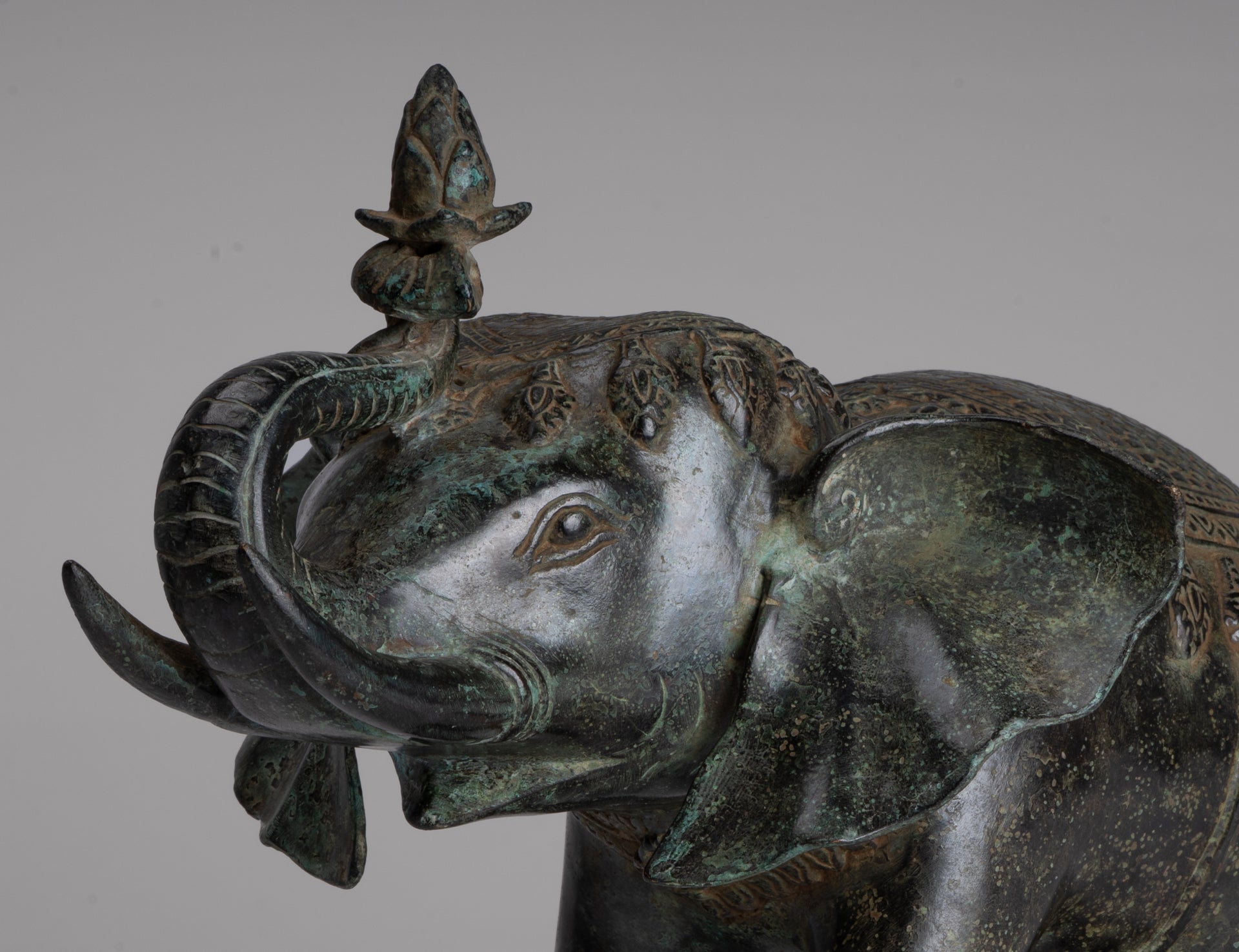 Antique Khmer Style Bronze Trumpeting Elephant Statue - 25cm/10" Tall