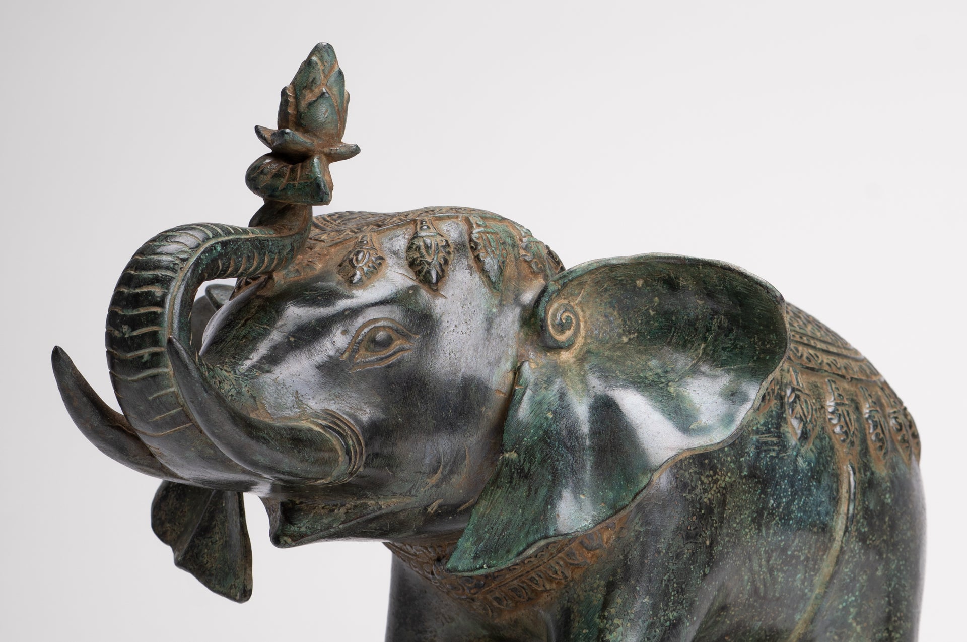 Antique Khmer Style Bronze Trumpeting Elephant Statue - 25cm/10" Tall