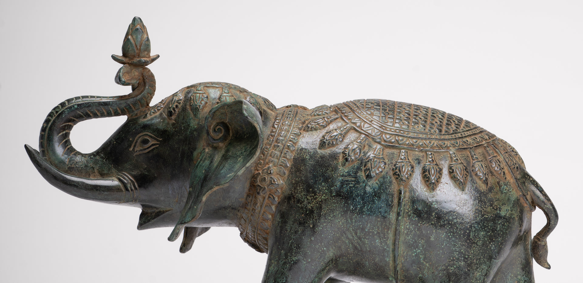 Antique Khmer Style Bronze Trumpeting Elephant Statue - 25cm/10" Tall