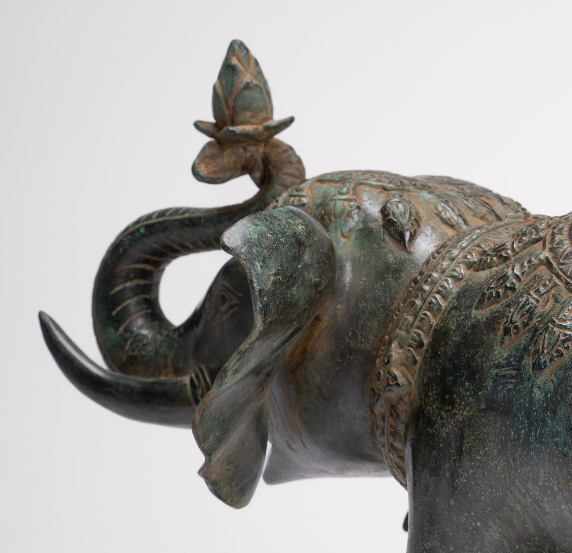 Antique Khmer Style Bronze Trumpeting Elephant Statue - 25cm/10" Tall