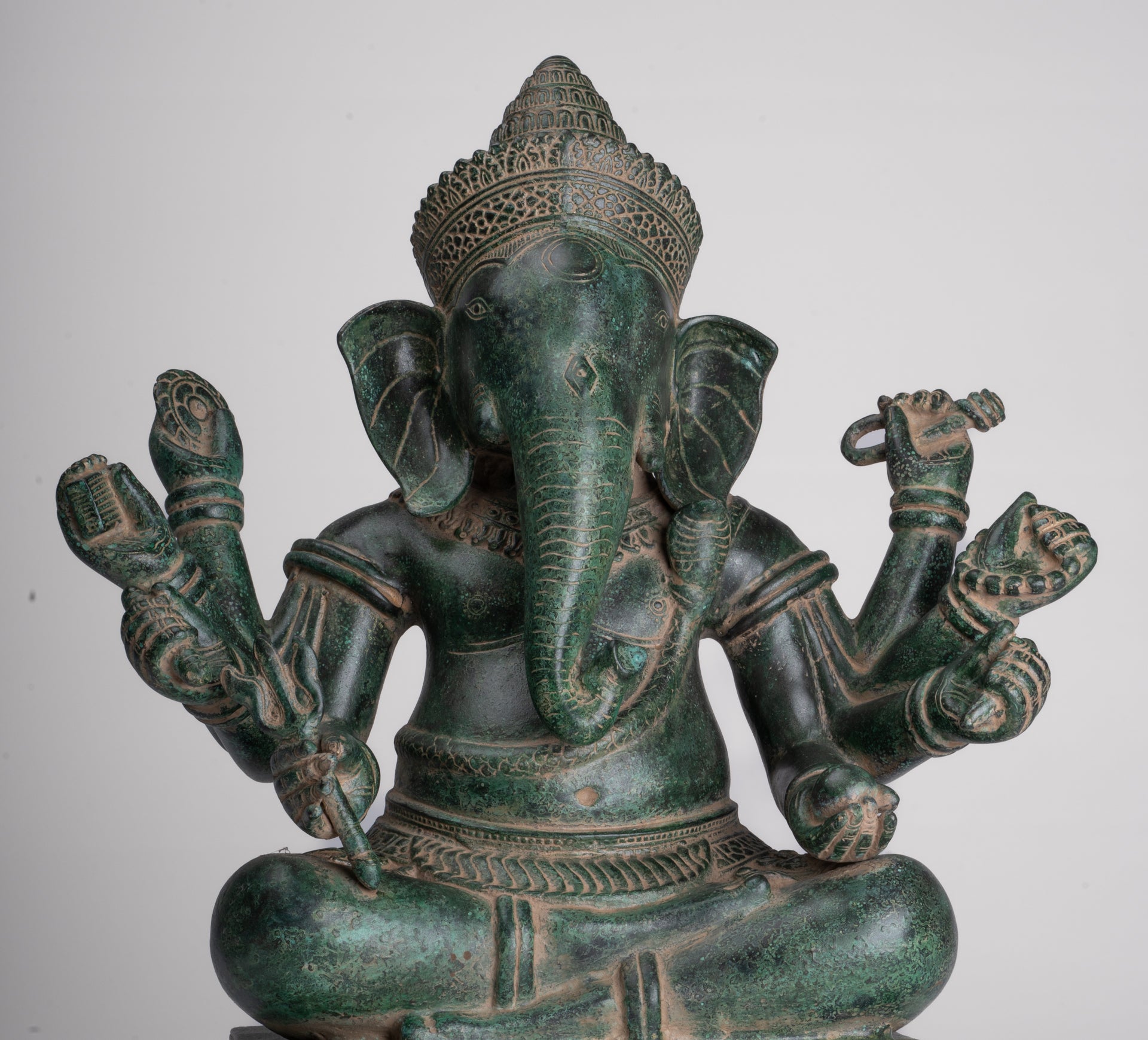Ganesha Statue - Antique Khmer Style Enthroned Angkor Wat 8 Arm Ganesh Statue - 40cm/16"