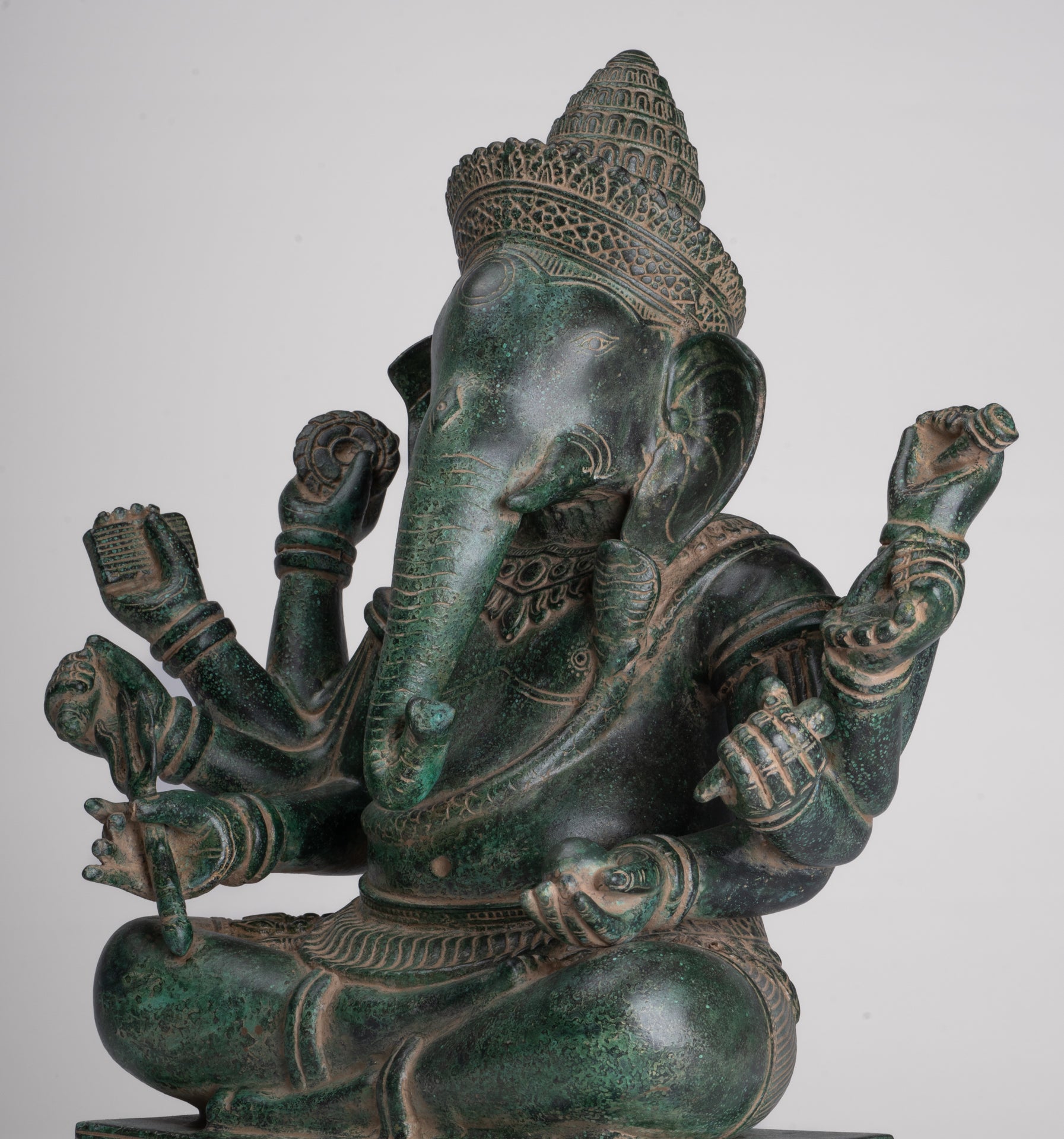 Ganesha Statue - Antique Khmer Style Enthroned Angkor Wat 8 Arm Ganesh Statue - 40cm/16"