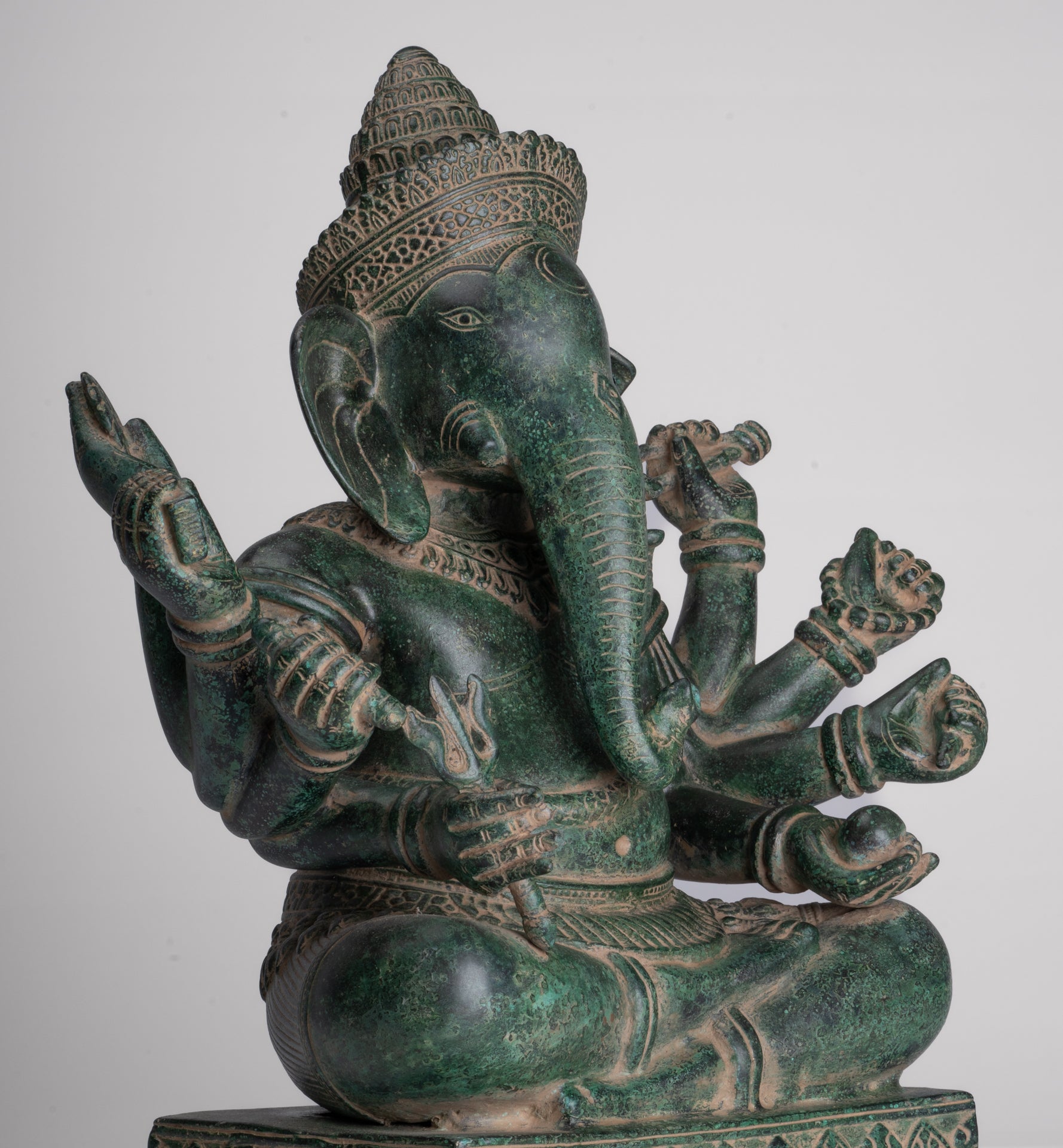 Ganesha Statue - Antique Khmer Style Enthroned Angkor Wat 8 Arm Ganesh Statue - 40cm/16"
