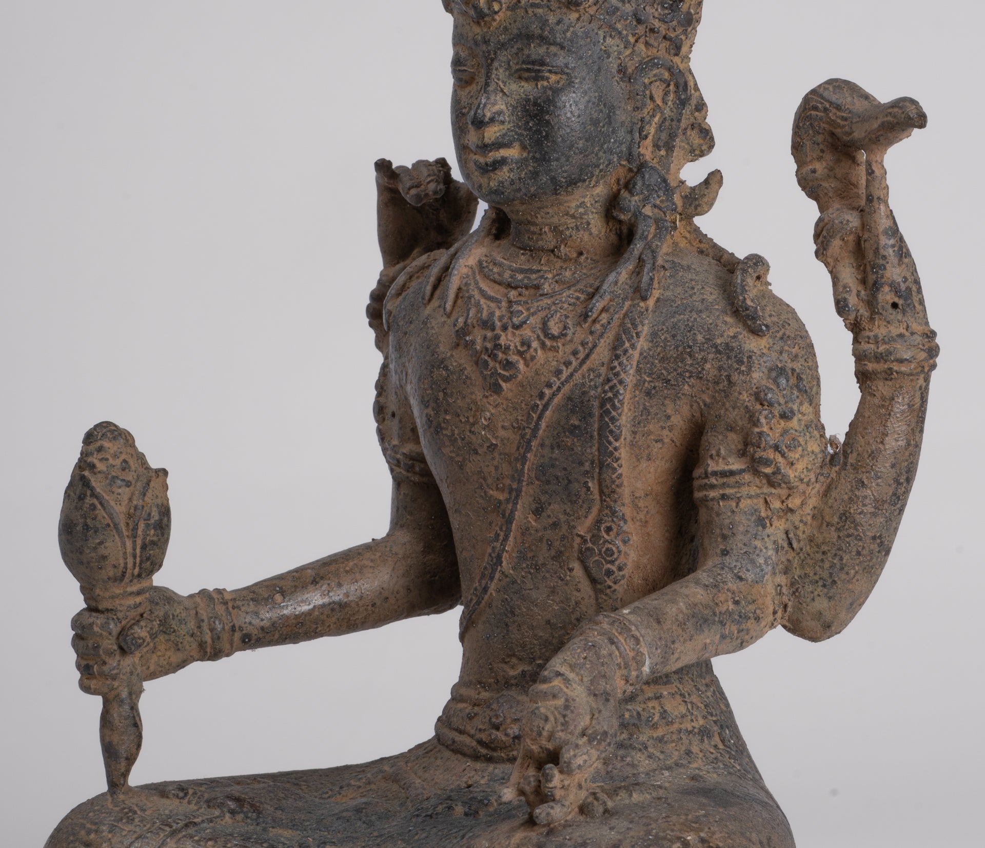 Vishnu - Antique Java Style Indonesian Majapahit Seated Bronze Vishnu Statue - 25cm/10"