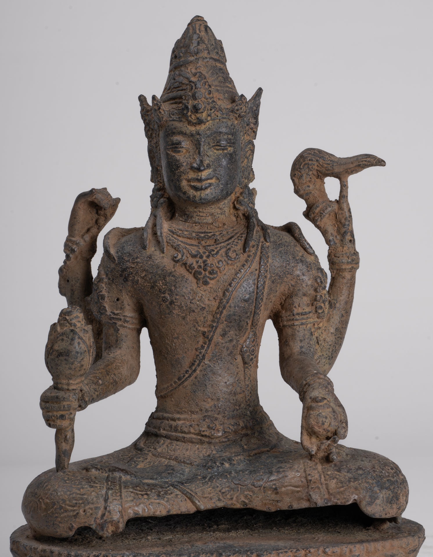 Vishnu - Antique Java Style Indonesian Majapahit Seated Bronze Vishnu Statue - 25cm/10"