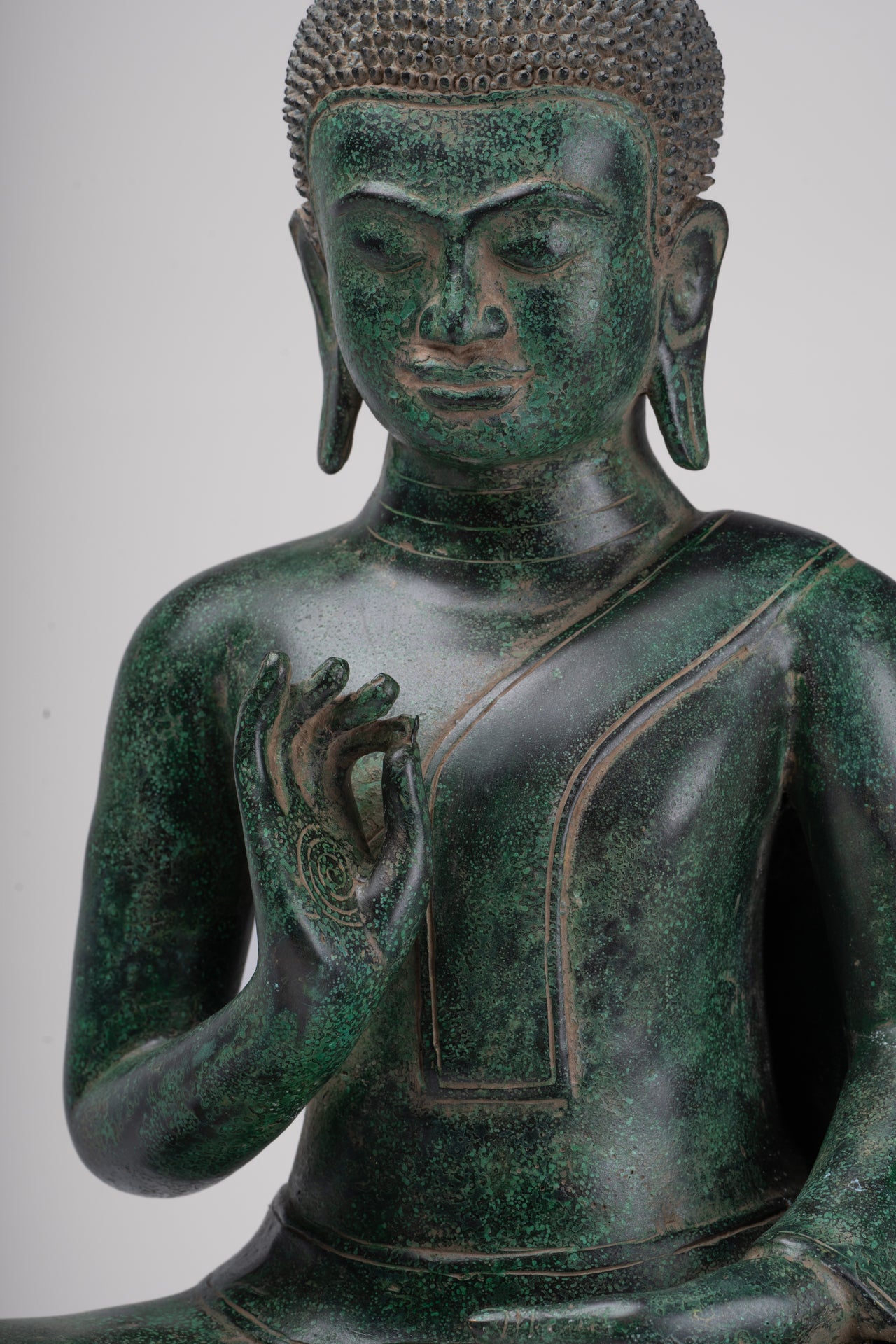 Buddha Statue - Antique Khmer Style Bronze Enthroned Teaching Buddha Statue - 47cm/19"