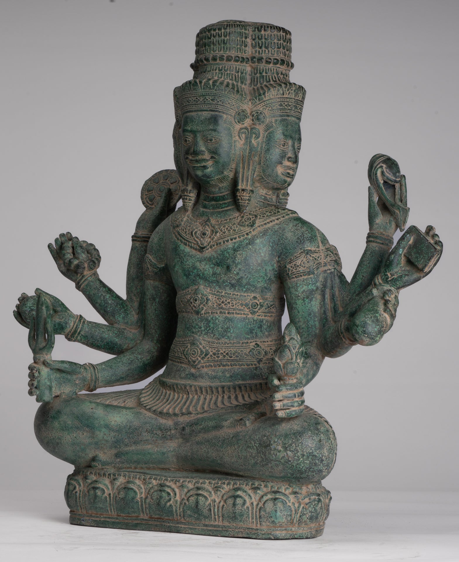 Brahma Statue - Antique Khmer Style Bronze 8 Arm Bayon Brahma - Hindu God Creation - 40cm/16"