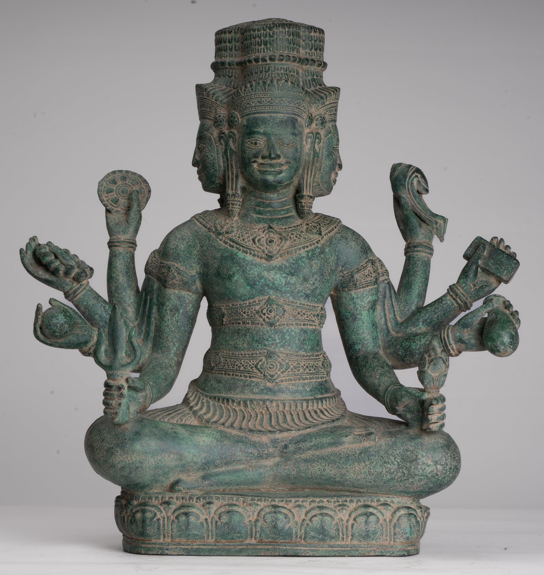 Brahma Statue - Antique Khmer Style Bronze 8 Arm Bayon Brahma - Hindu God Creation - 40cm/16"