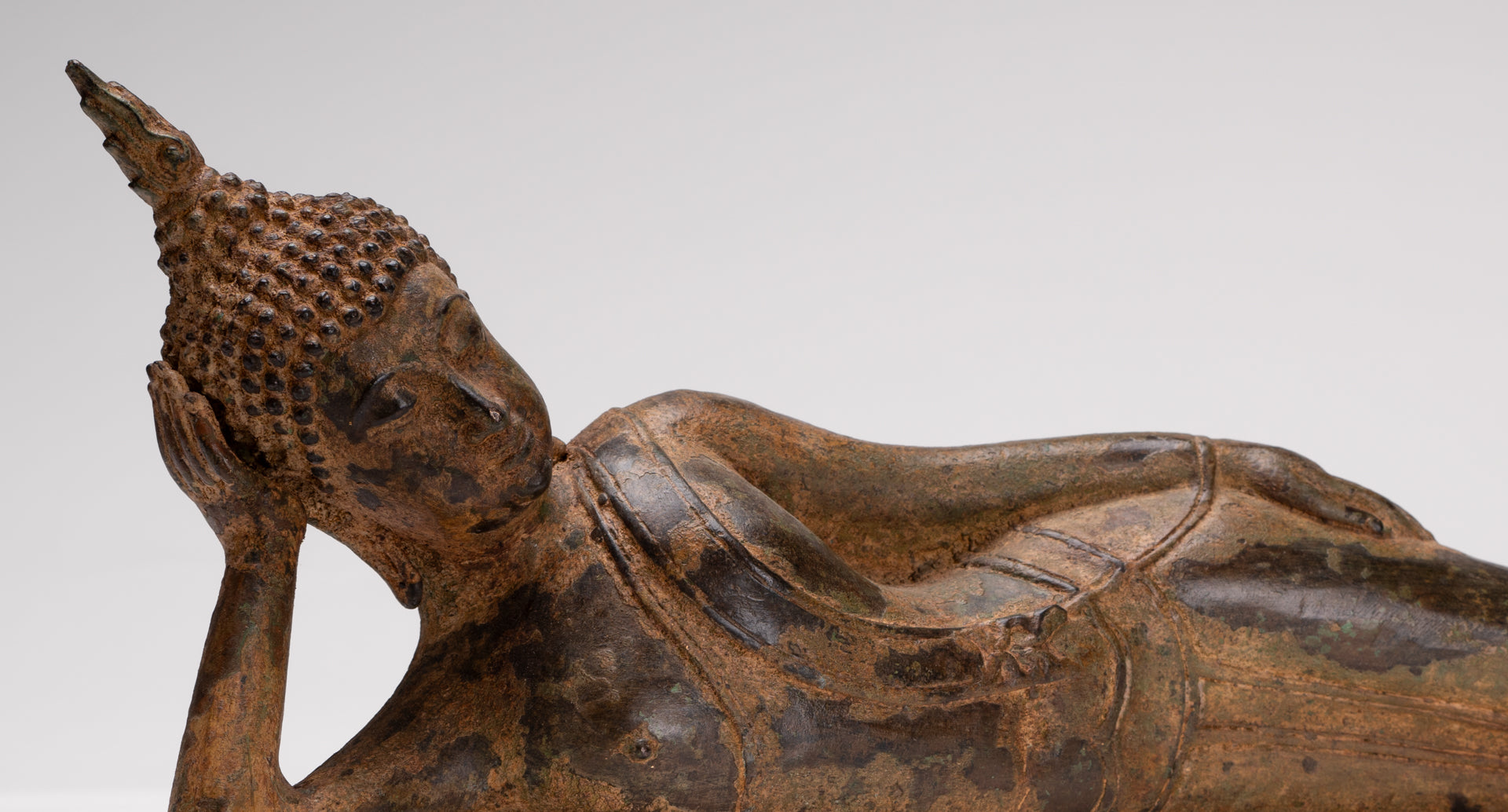 Buddha Statue - Antique Thai Style Bronze Sukhothai Reclining Nirvana Buddha Statue - 43cm/17"