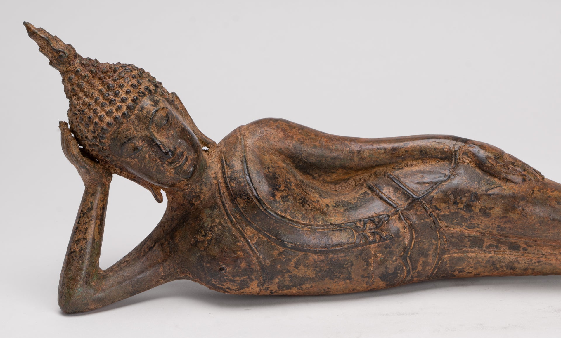Buddha Statue - Antique Thai Style Bronze Sukhothai Reclining Nirvana Buddha Statue - 43cm/17"