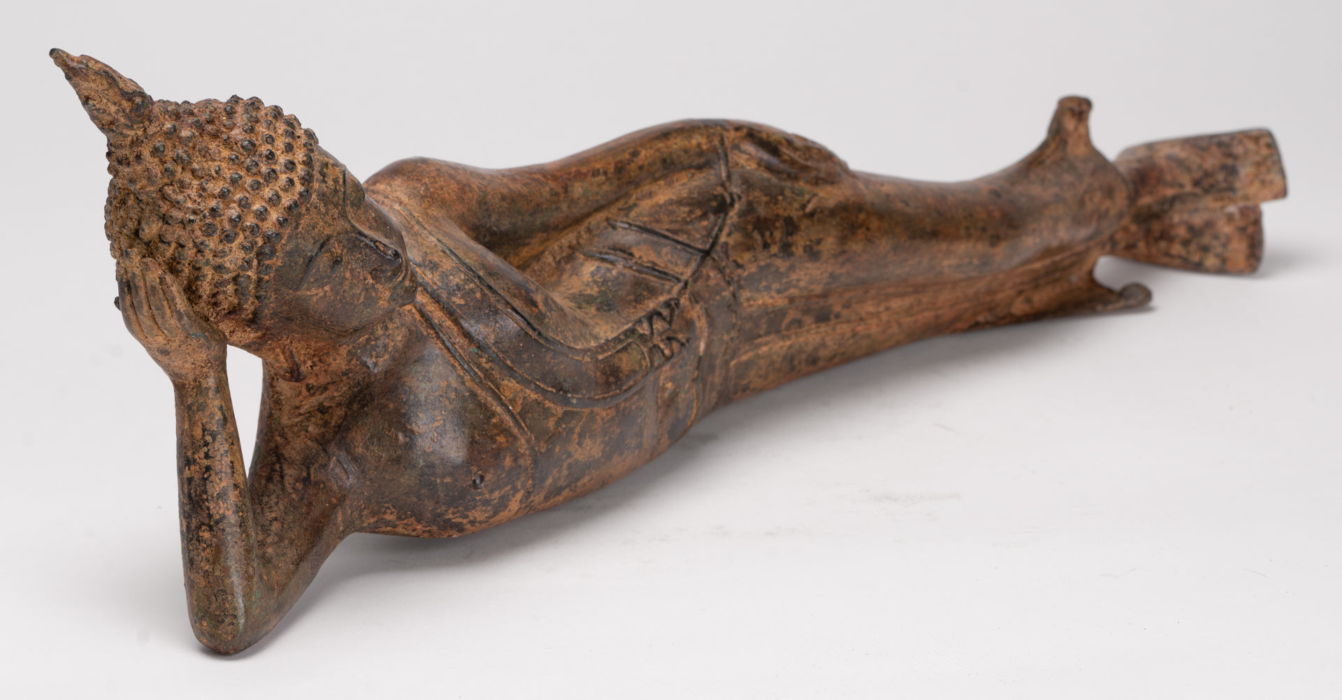 Buddha Statue - Antique Thai Style Bronze Sukhothai Reclining Nirvana Buddha Statue - 43cm/17"