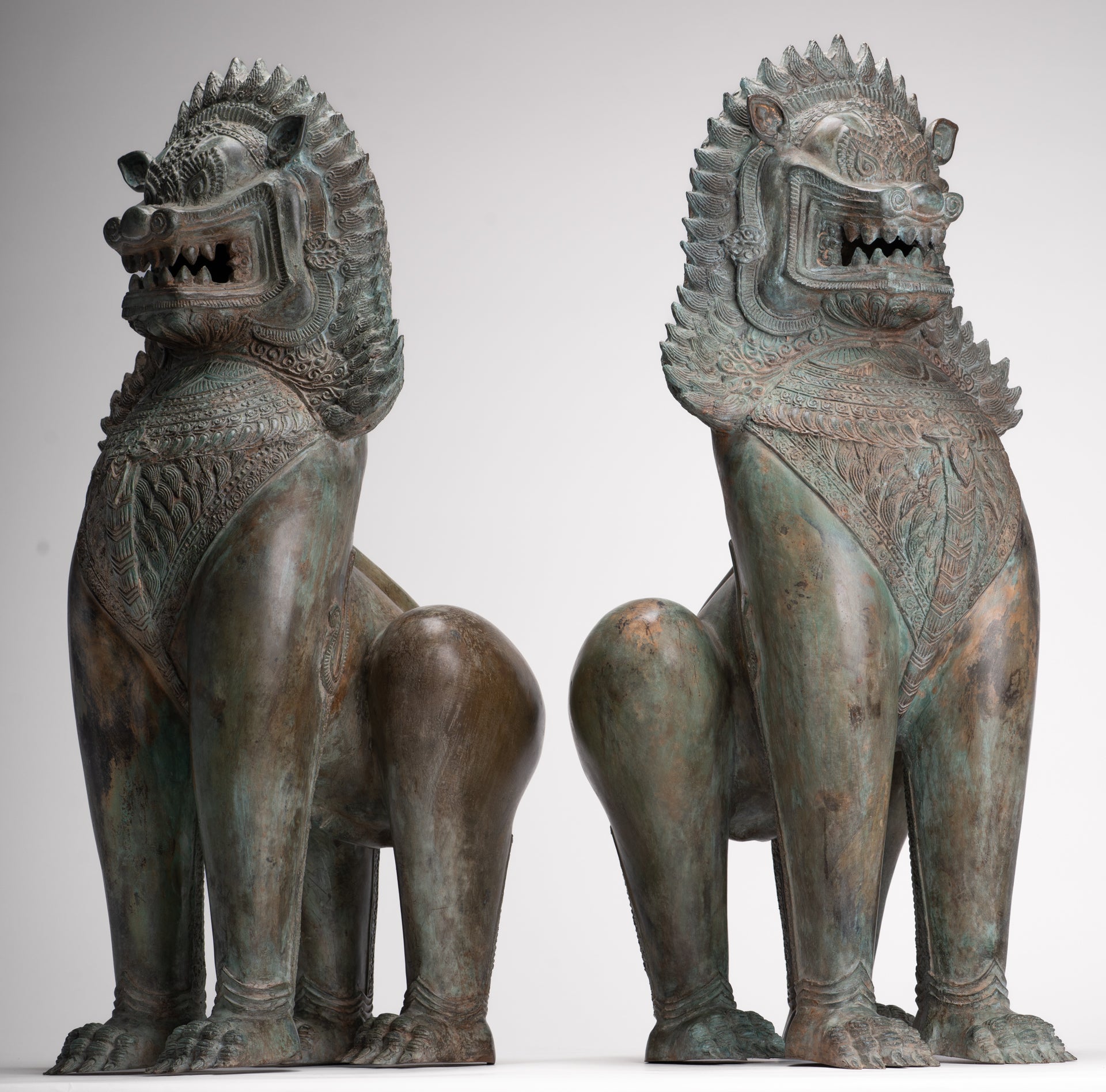 Temple Lion - Antique Thai Style Bronze Standing Singha Temple Guardians or Lions - 61cm/24" (Pair)