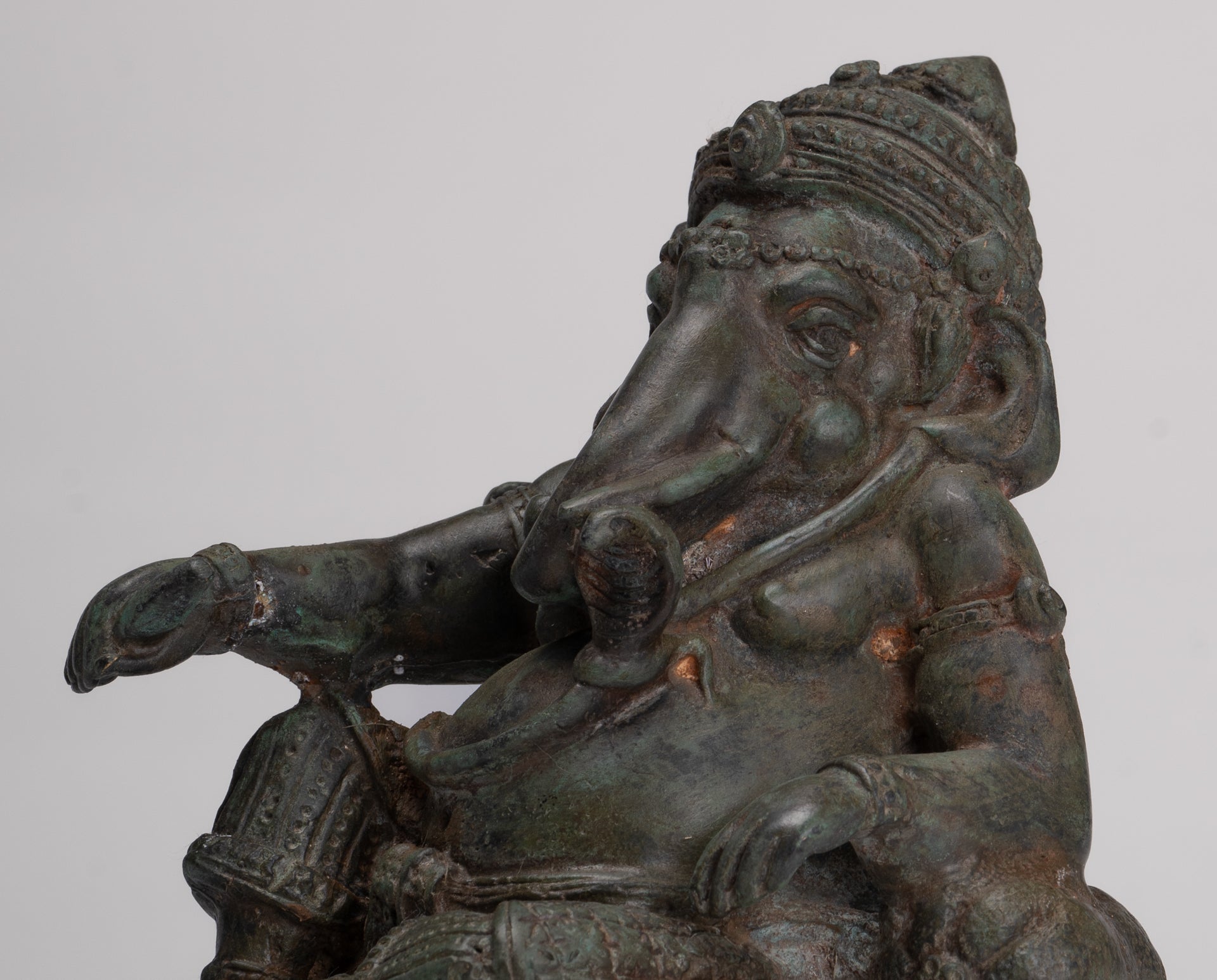 Ganesha Statue - Antique Thai Style Bronze Reclining Ganesha Statue - 17cm/7"