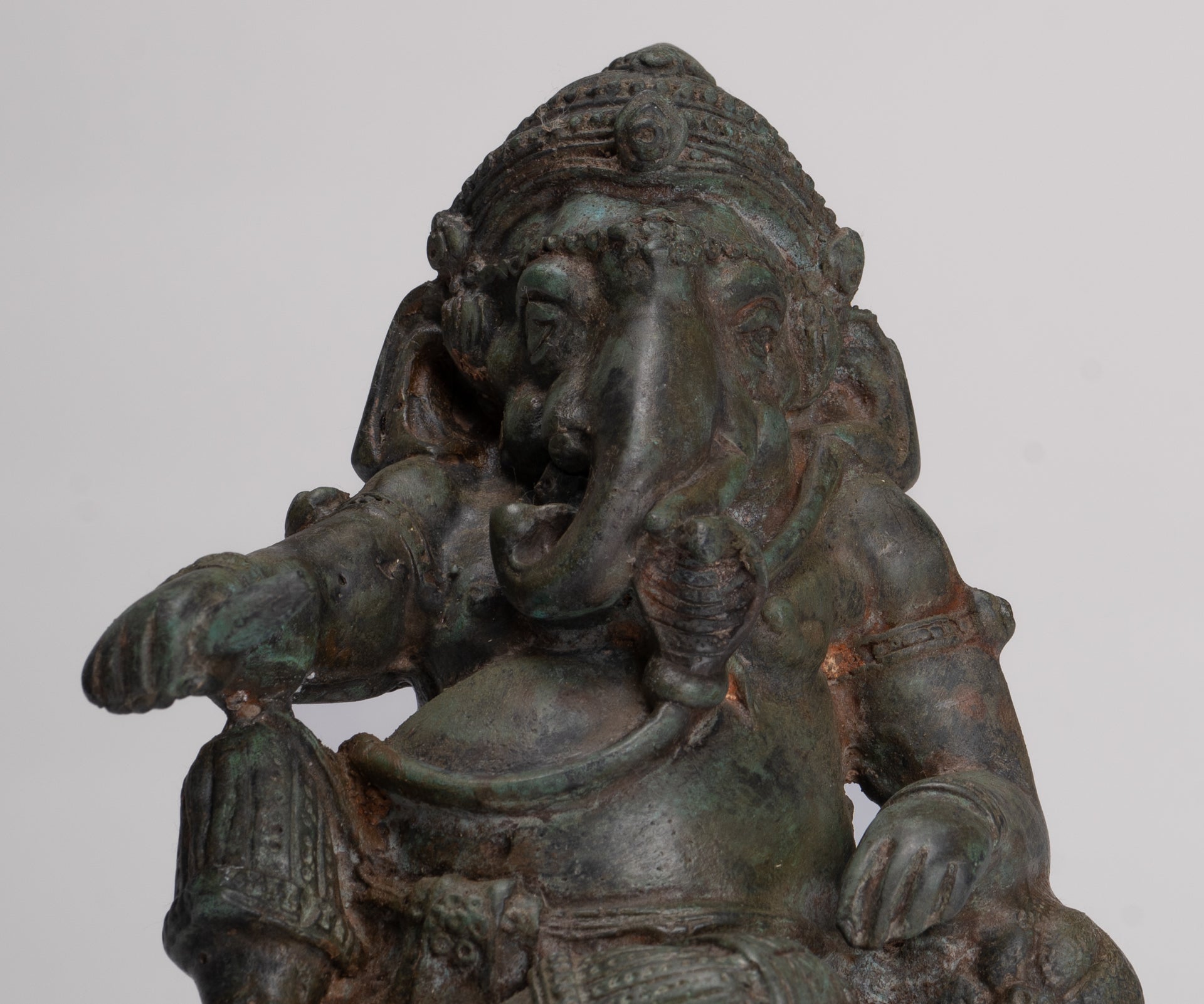 Ganesha Statue - Antique Thai Style Bronze Reclining Ganesha Statue - 17cm/7"