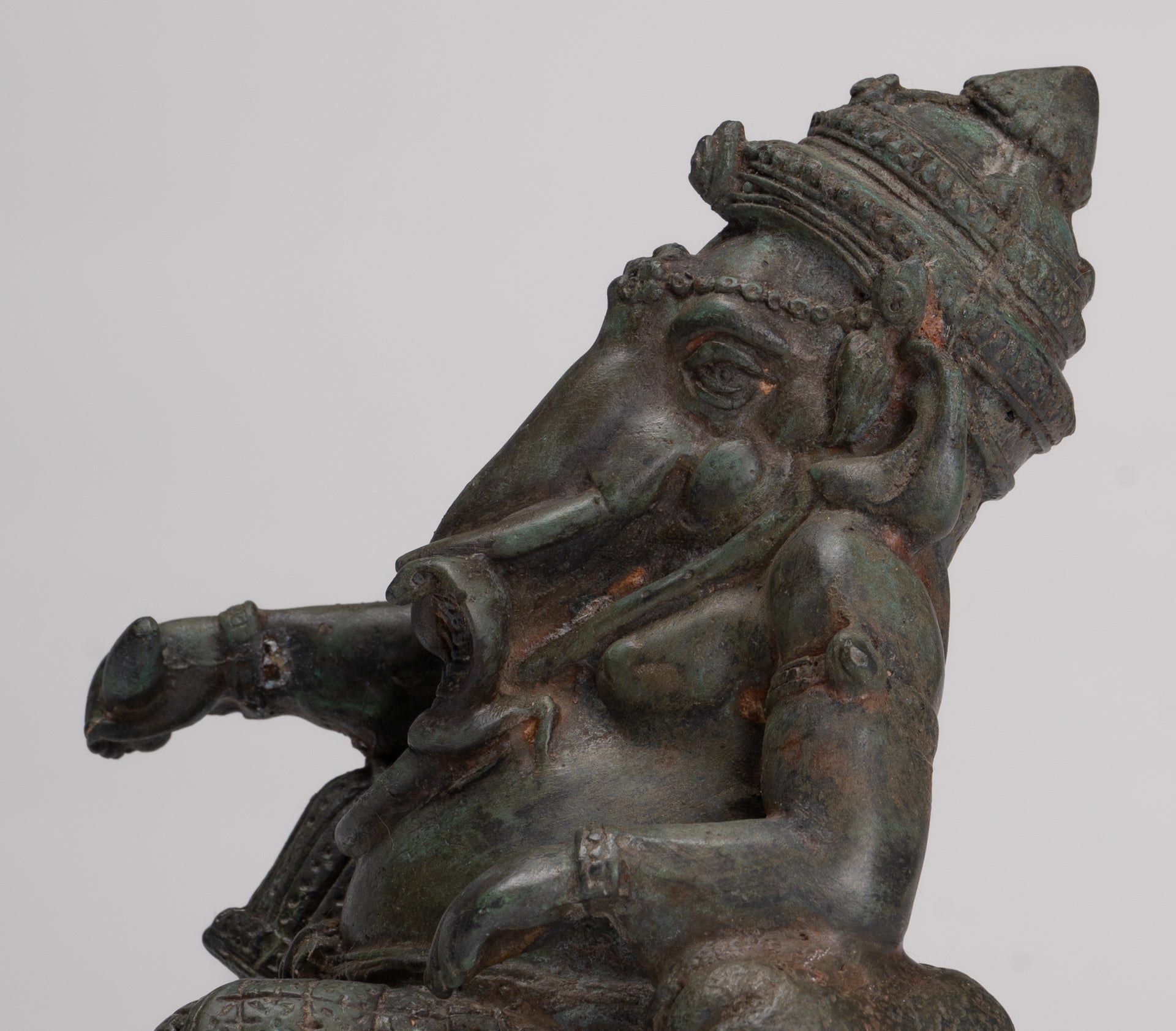 Ganesha Statue - Antique Thai Style Bronze Reclining Ganesha Statue - 17cm/7"