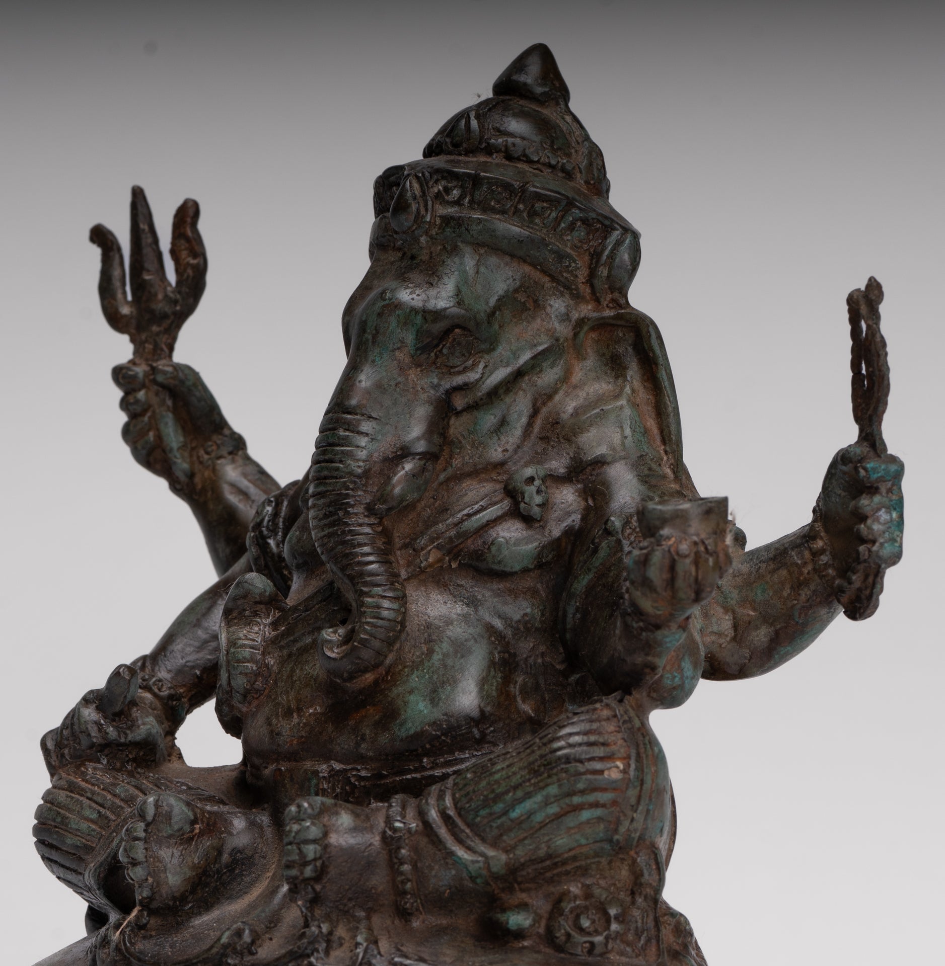 Ganesha Statue - Antique Thai Style Bronze Seated 4-Arm Ganesha Statue - 20cm/8"