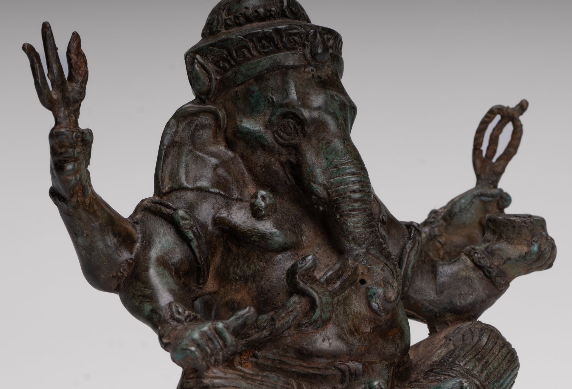 Ganesha Statue - Antique Thai Style Bronze Seated 4-Arm Ganesha Statue - 20cm/8"