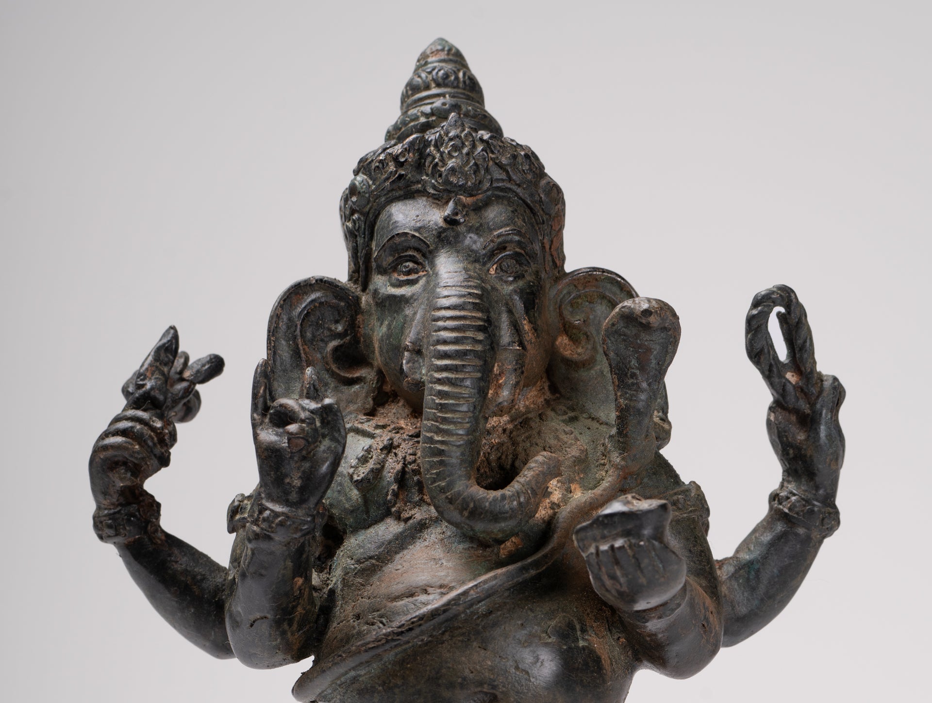 Ganesha Statue - Antique Thai Style Bronze Standing 4-Arm Ganesha Statue - 26cm/10"