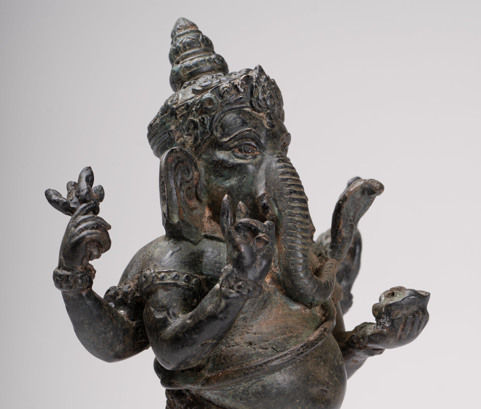 Ganesha Statue - Antique Thai Style Bronze Standing 4-Arm Ganesha Statue - 26cm/10"