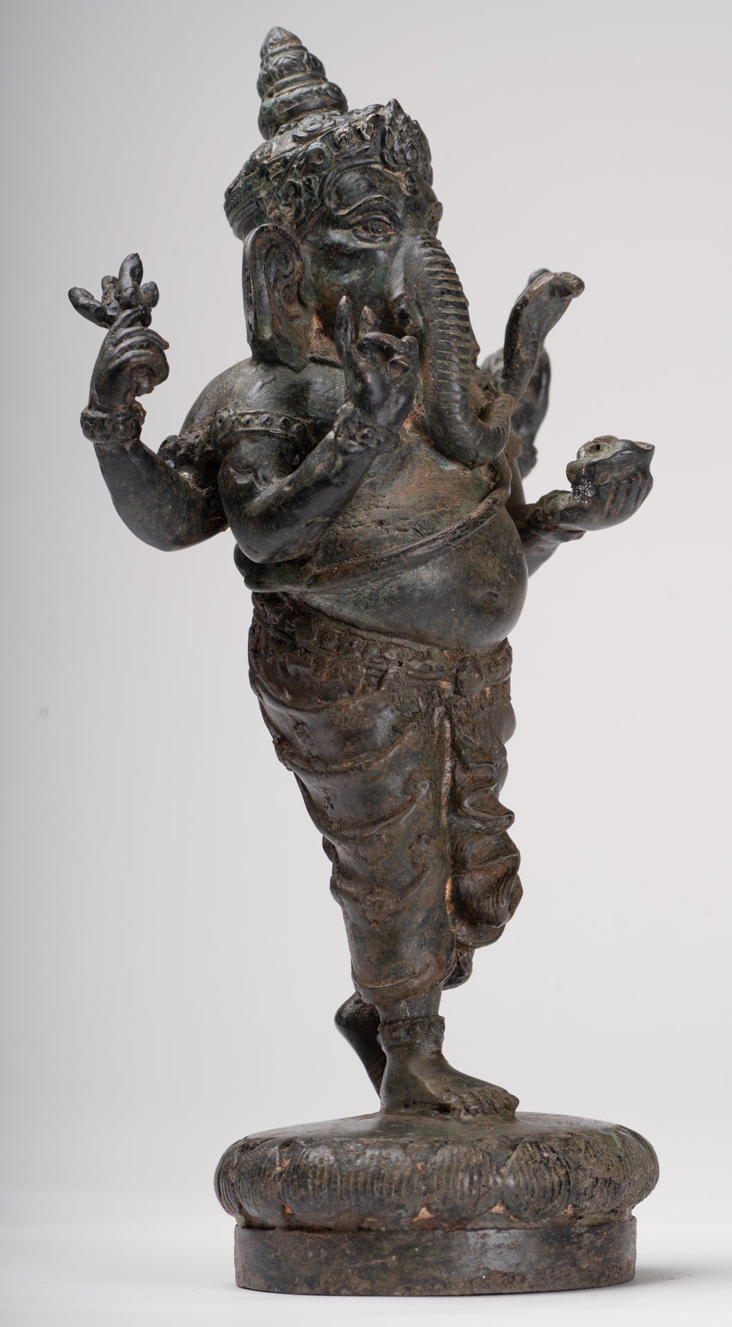 Ganesha Statue - Antique Thai Style Bronze Standing 4-Arm Ganesha Statue - 26cm/10"
