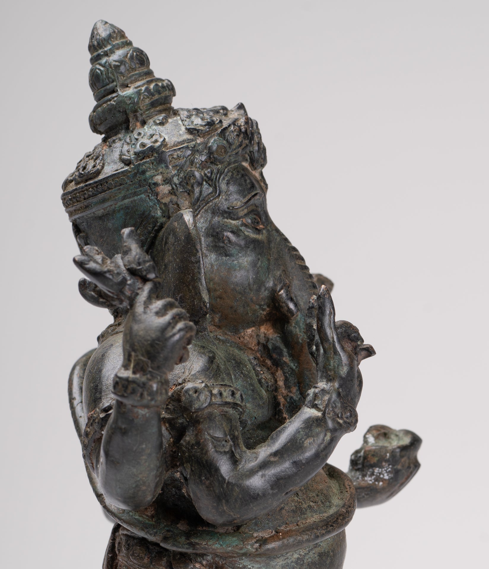 Ganesha Statue - Antique Thai Style Bronze Standing 4-Arm Ganesha Statue - 26cm/10"