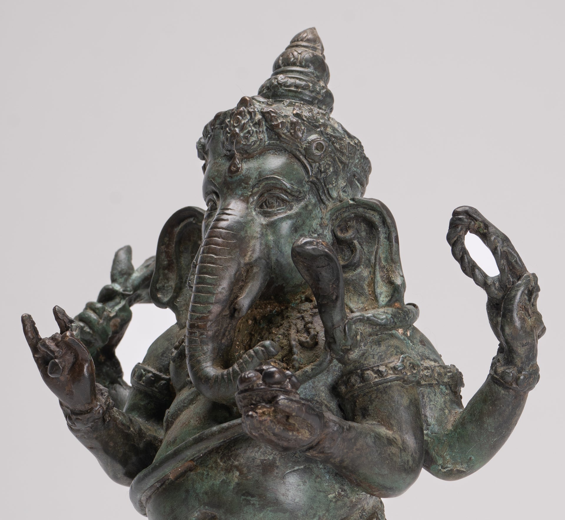Ganesha Statue - Antique Thai Style Bronze Standing 4-Arm Ganesha Statue - 26cm/10"
