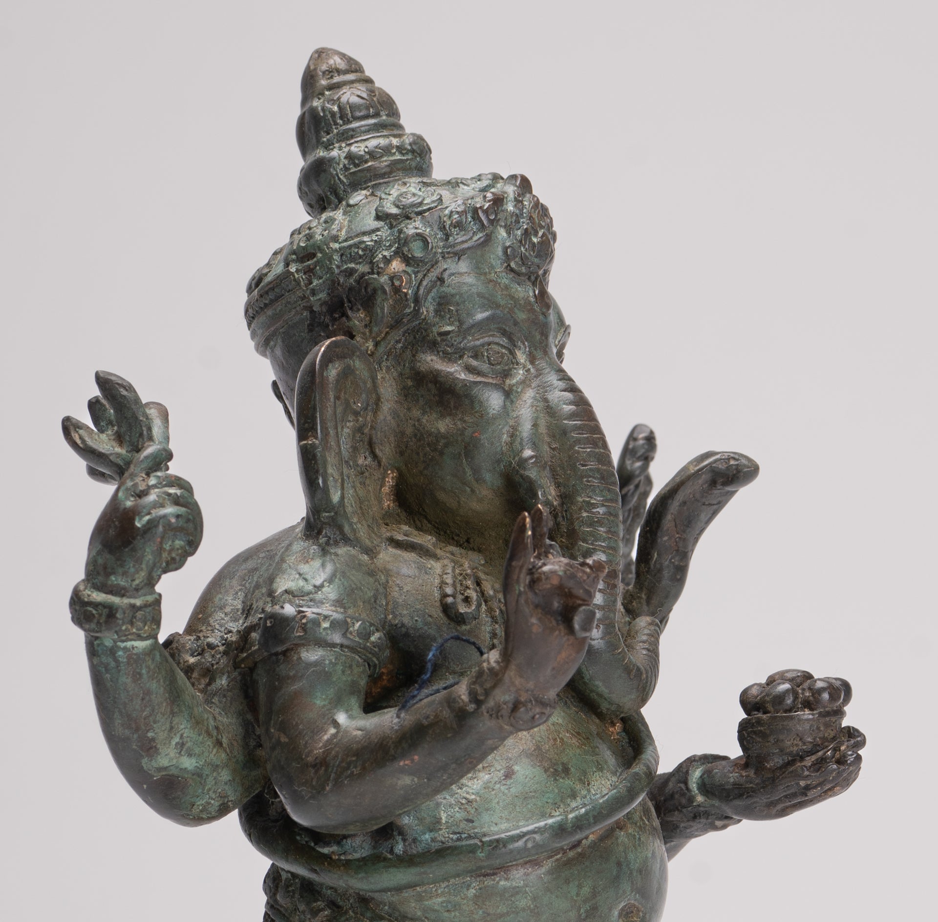 Ganesha Statue - Antique Thai Style Bronze Standing 4-Arm Ganesha Statue - 26cm/10"
