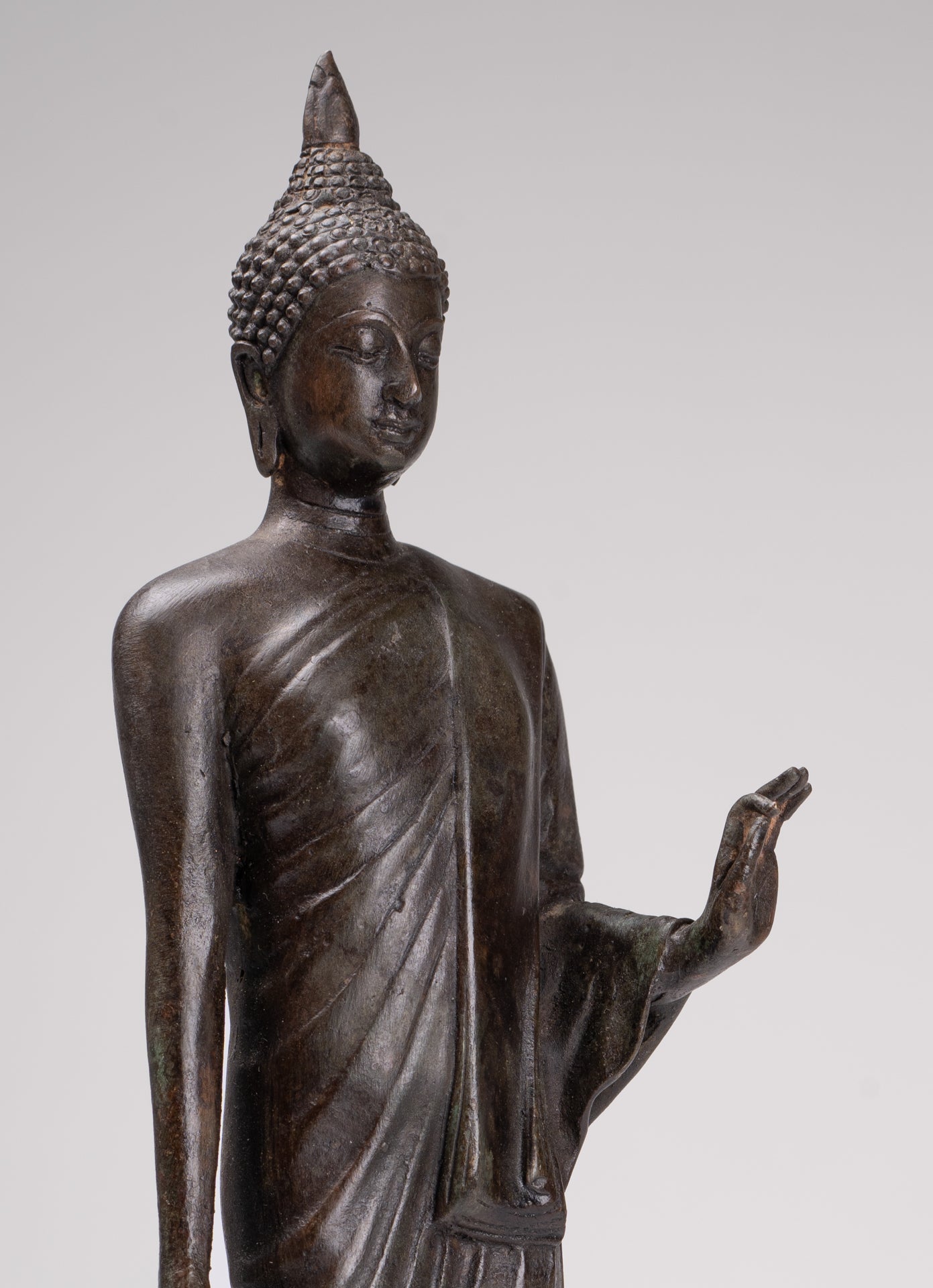 Antique Sukhothai Style Standing Bronze Protection Walking Buddha Statue - 33cm/13"