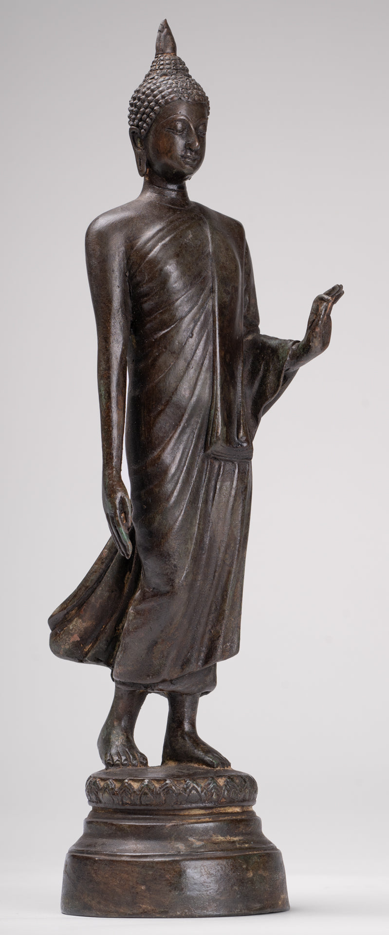Antique Sukhothai Style Standing Bronze Protection Walking Buddha Statue - 33cm/13"