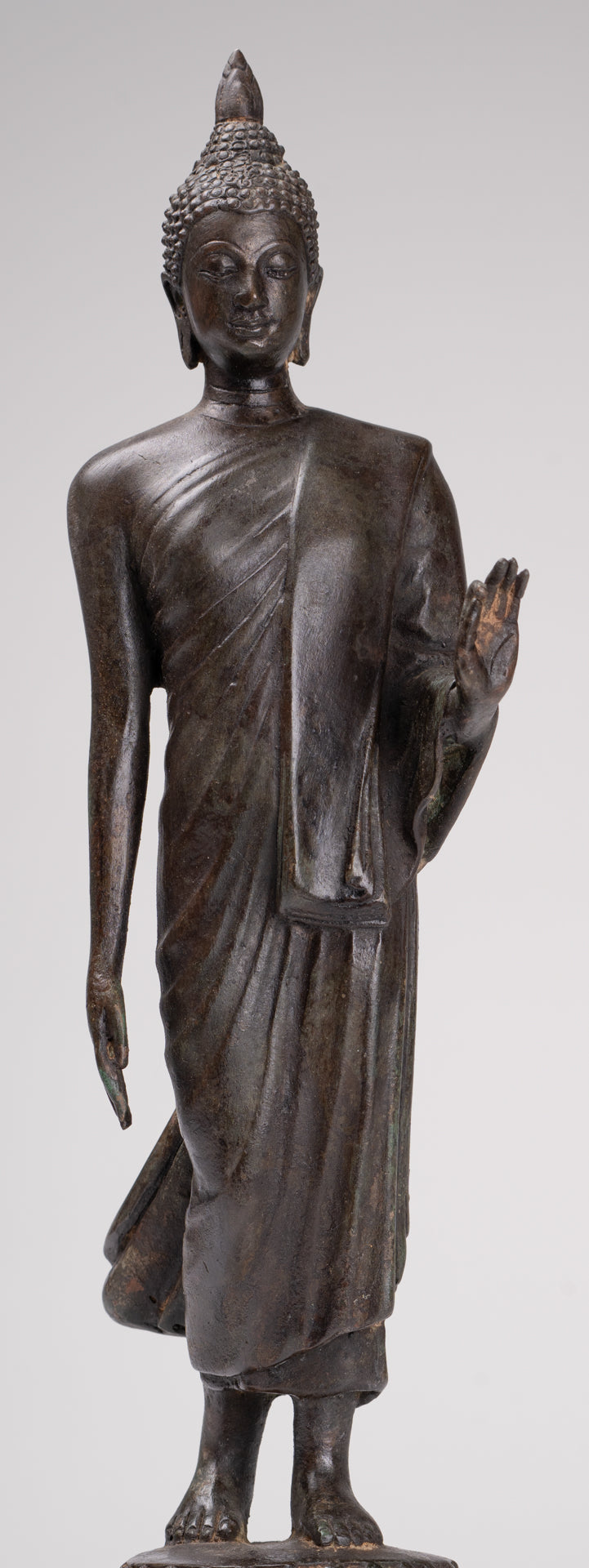 Antique Sukhothai Style Standing Bronze Protection Walking Buddha Statue - 33cm/13"