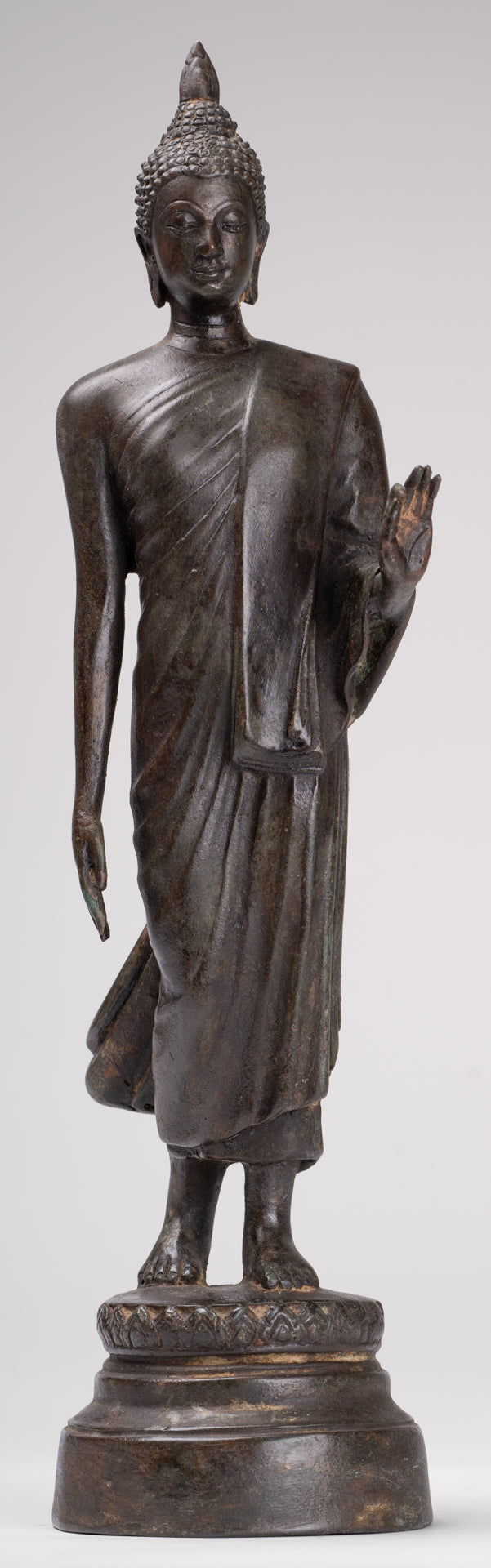 Antique Sukhothai Style Standing Bronze Protection Walking Buddha Statue - 33cm/13"