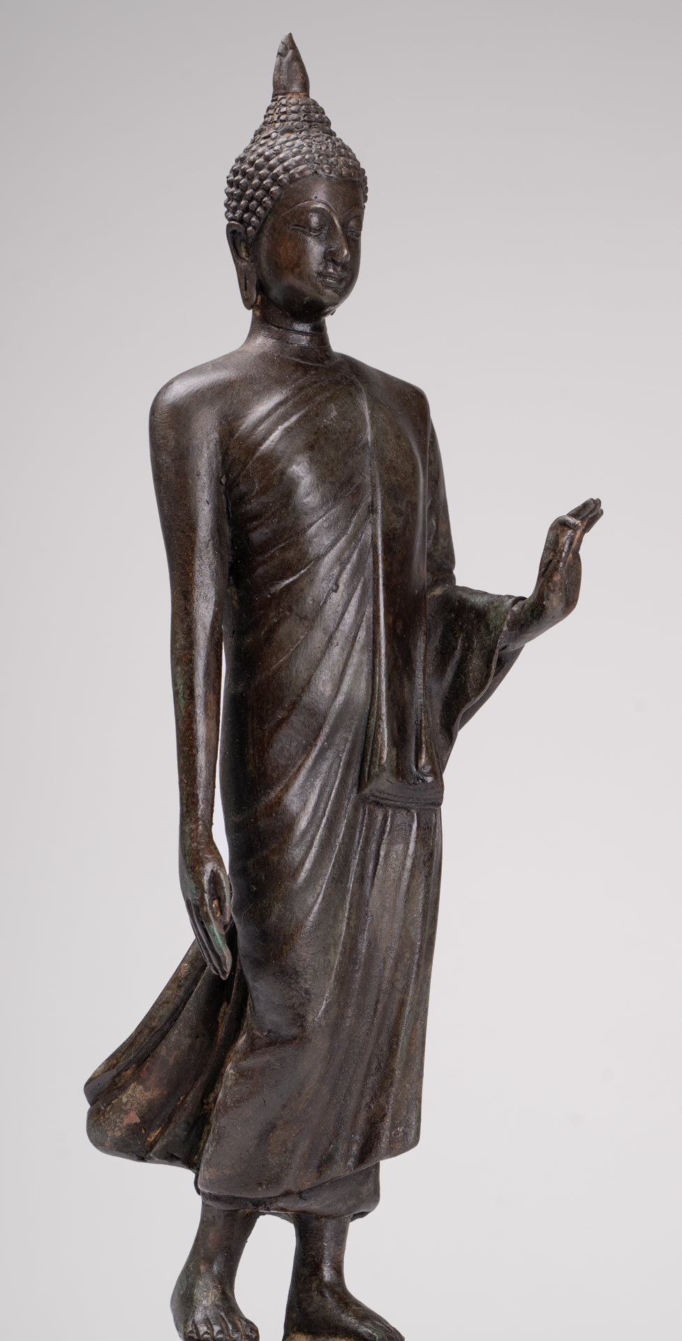 Antique Sukhothai Style Standing Bronze Protection Walking Buddha Statue - 33cm/13"
