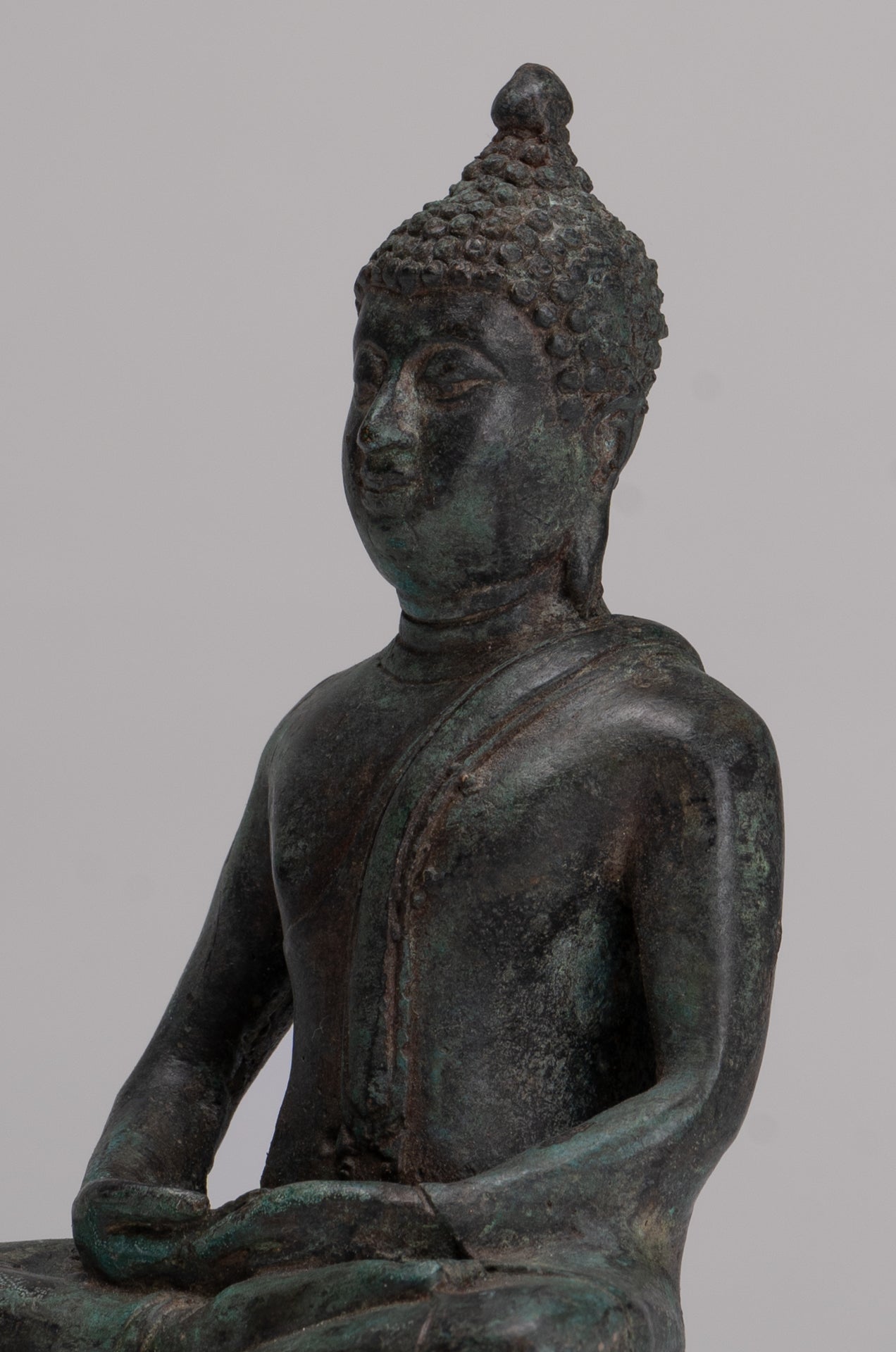 Buddha Sculpture - Antique Thai Style Bronze Seated Chiang Saen Meditation Buddha Statue - 15cm/6"