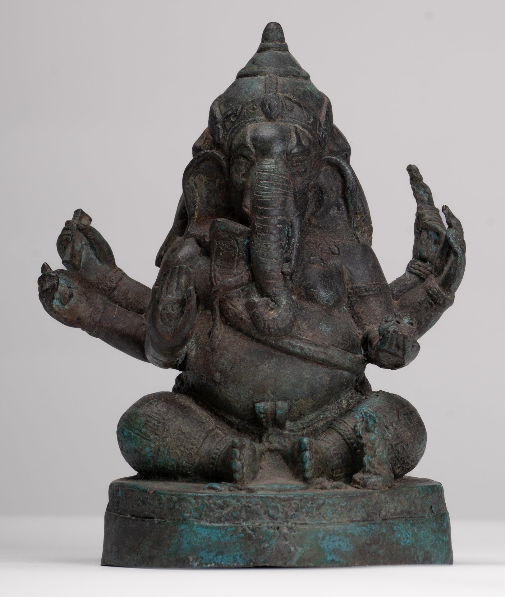 Ganesha Statue - Antique Thai Style Bronze Seated 6-Arm Ganesha Statue - 19cm/8"