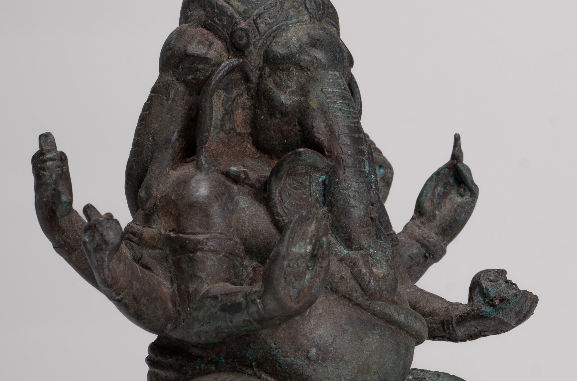 Ganesha Statue - Antique Thai Style Bronze Seated 6-Arm Ganesha Statue - 19cm/8"