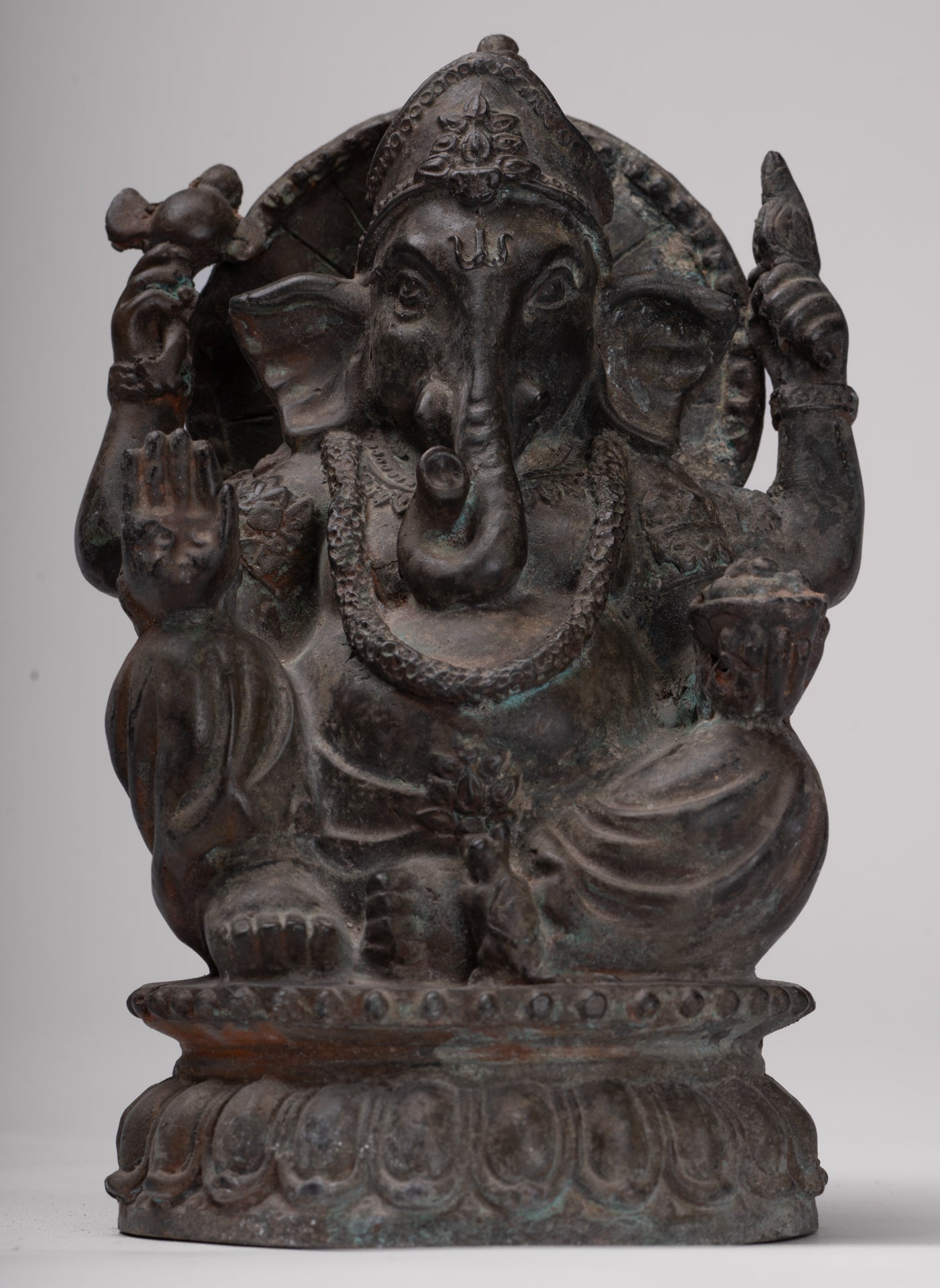 Ganesh - Antique Thai Style Bronze Seated Ganesha - 22cm/9"