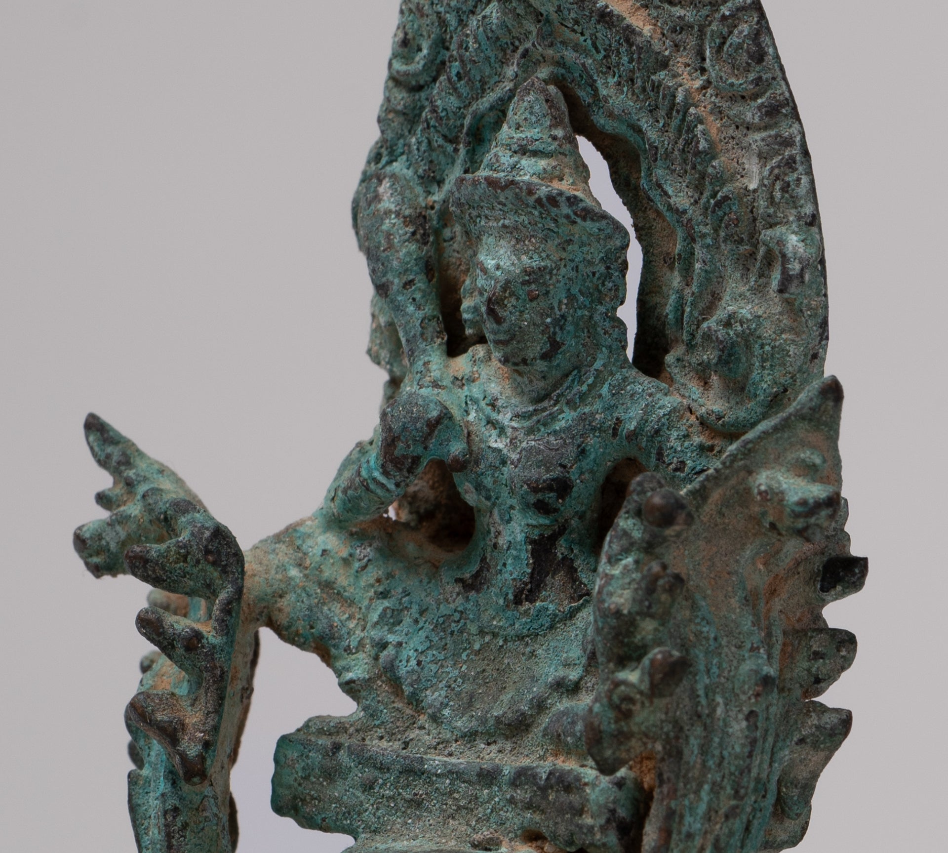 Vishnu Statue - Antique Khmer Style Enthroned Bronze Seated Vishnu Statue - 14cm/6"