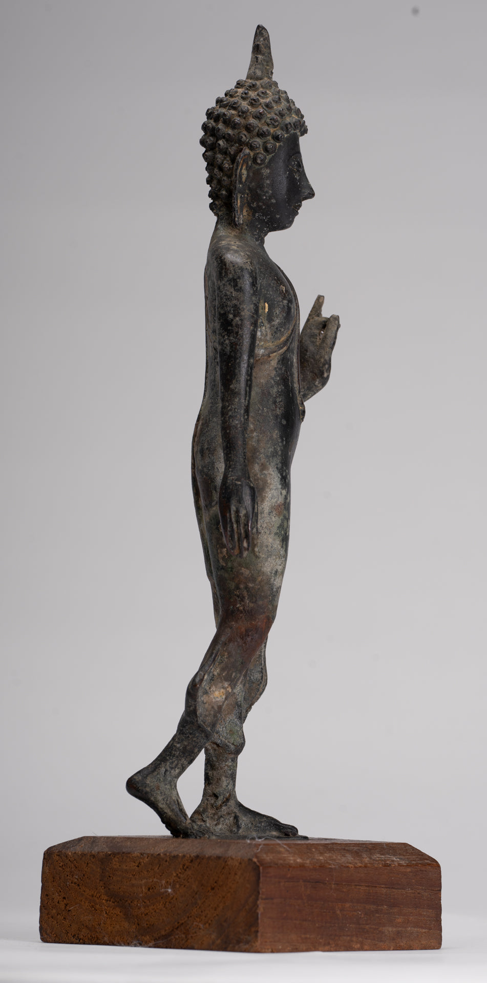 Antique Sukhothai Style Standing Bronze Protection Walking Buddha Statue - 31cm/12"
