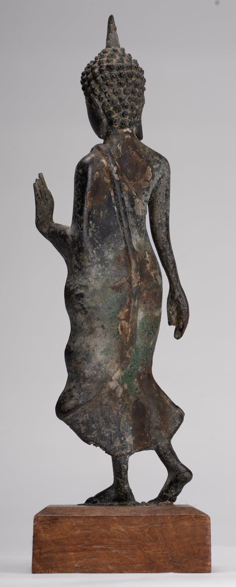 Antique Sukhothai Style Standing Bronze Protection Walking Buddha Statue - 31cm/12"