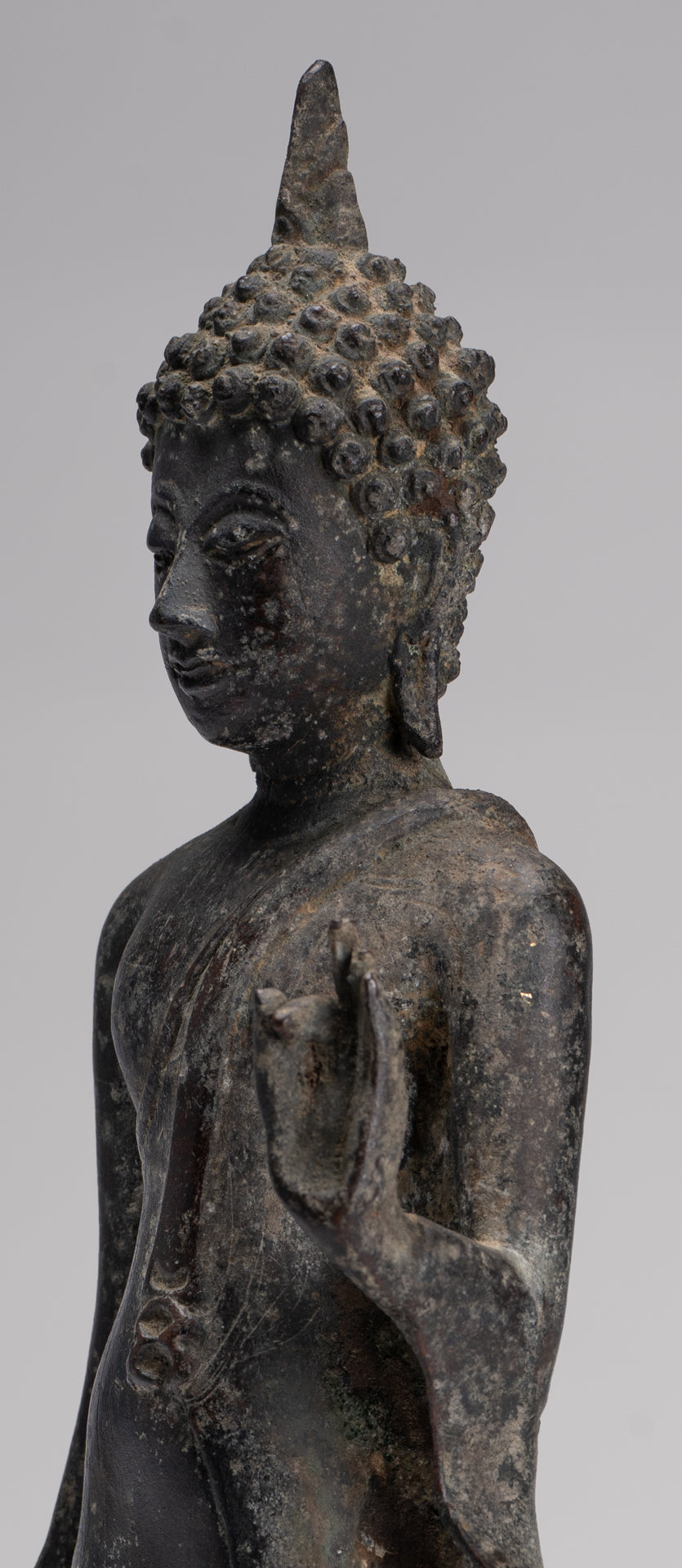 Antique Sukhothai Style Standing Bronze Protection Walking Buddha Statue - 31cm/12"