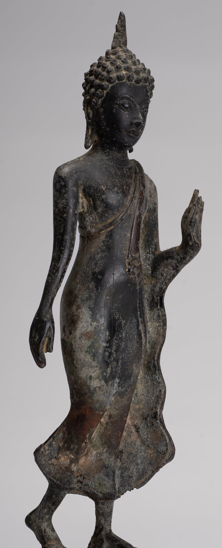 Antique Sukhothai Style Standing Bronze Protection Walking Buddha Statue - 31cm/12"
