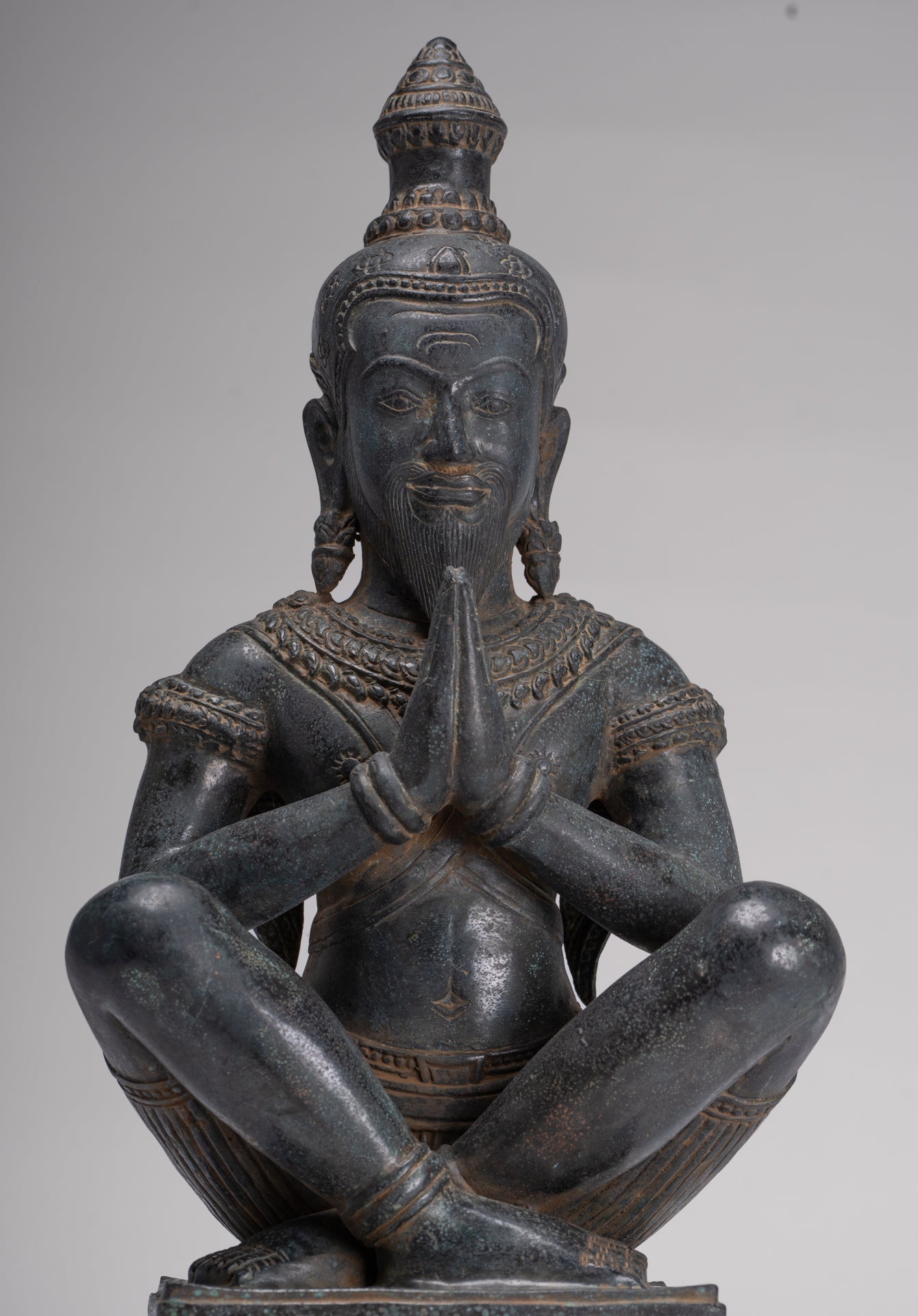 Rishi Statue - Antique Khmer Style Seated Bronze Rishi or Wise Man - 42cm/17"